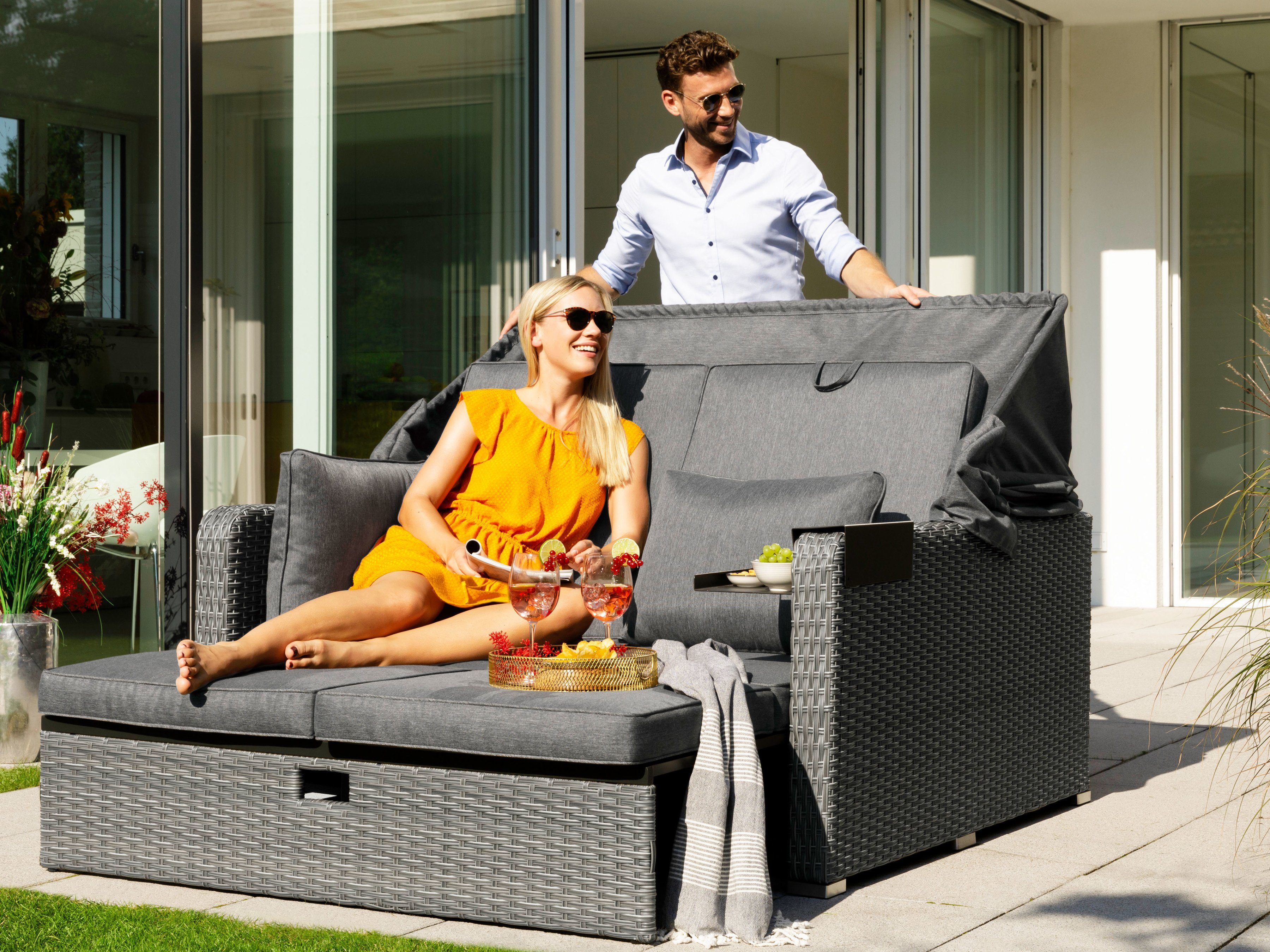 KONIFERA Loungebett Sylt, 8 Teile, Sofa, Zierkissen, Hängetisch mit klappbarem Dach