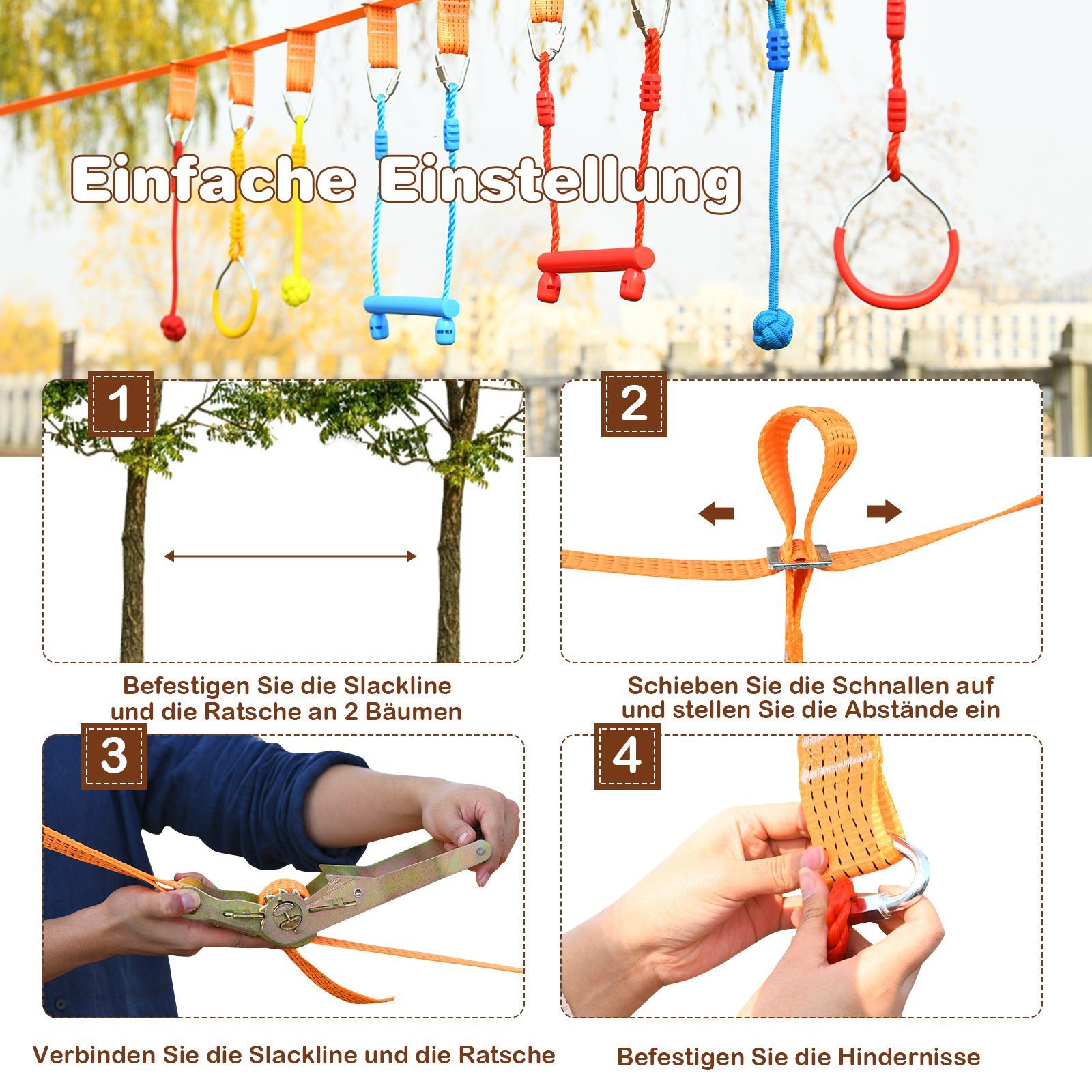 COSTWAY Slackline, 13m Kinder hängend Hindernisparcours, Klettergerüst