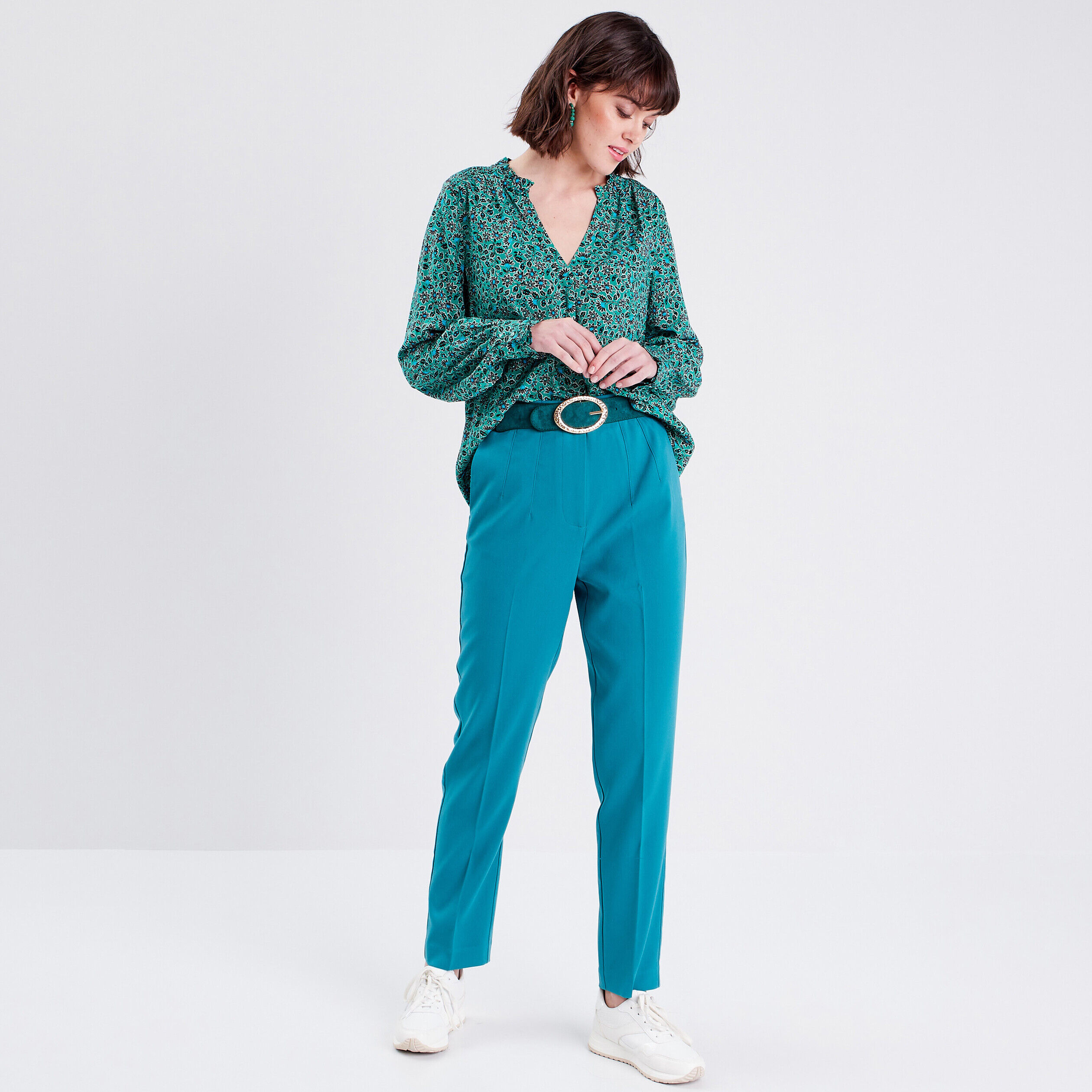 Pantalon city slim à pinces vert émeraude femme | Cache Cache
