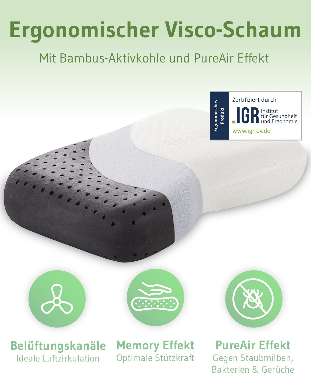Third of Life Seitenschläferkissen Aloe Vera Kopfkissen NuMOON, Ergonomisches Visco-Schaumkissen mit hautpflegendem Bezug
