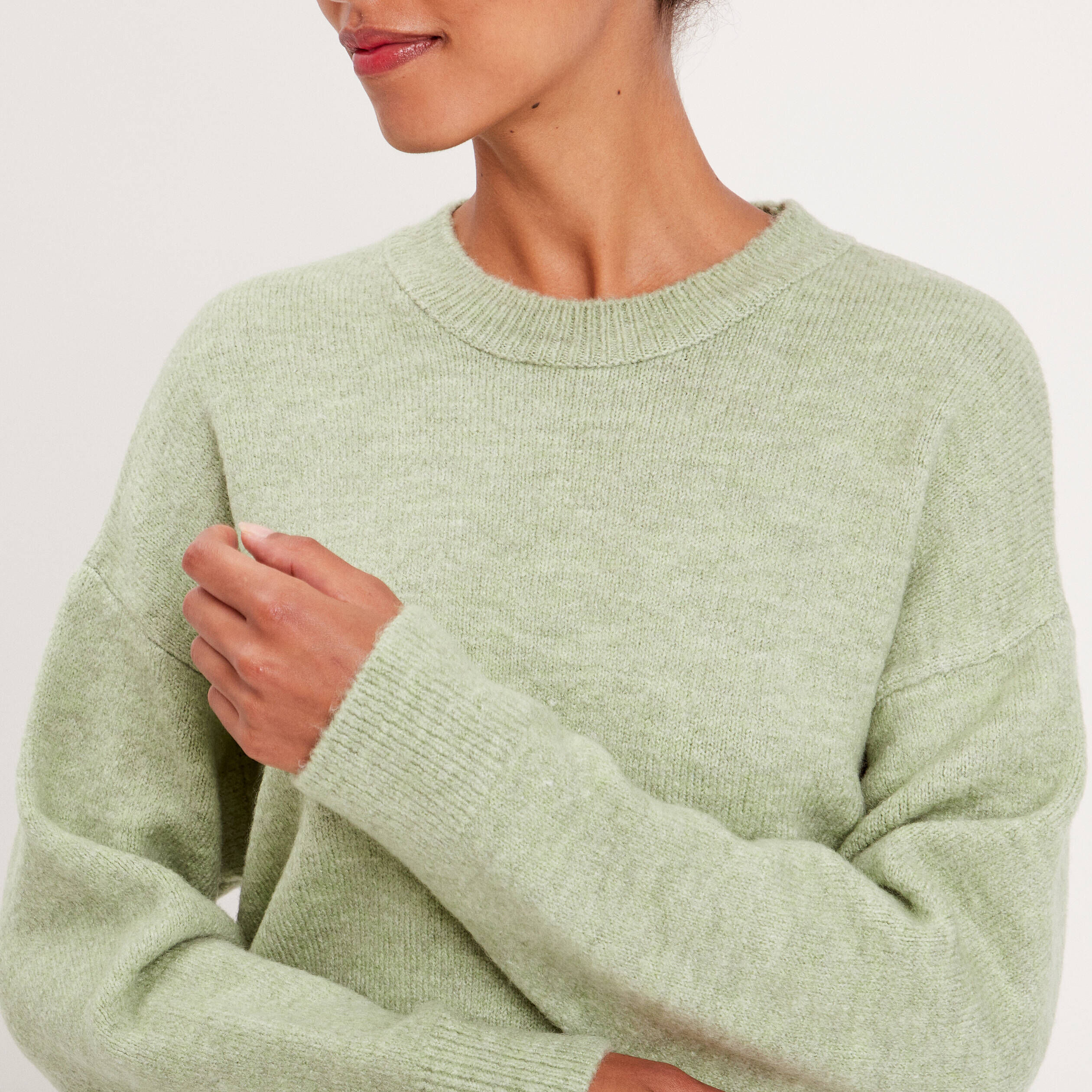 Pull manches longues col rond vert pastel femme | Cache Cache