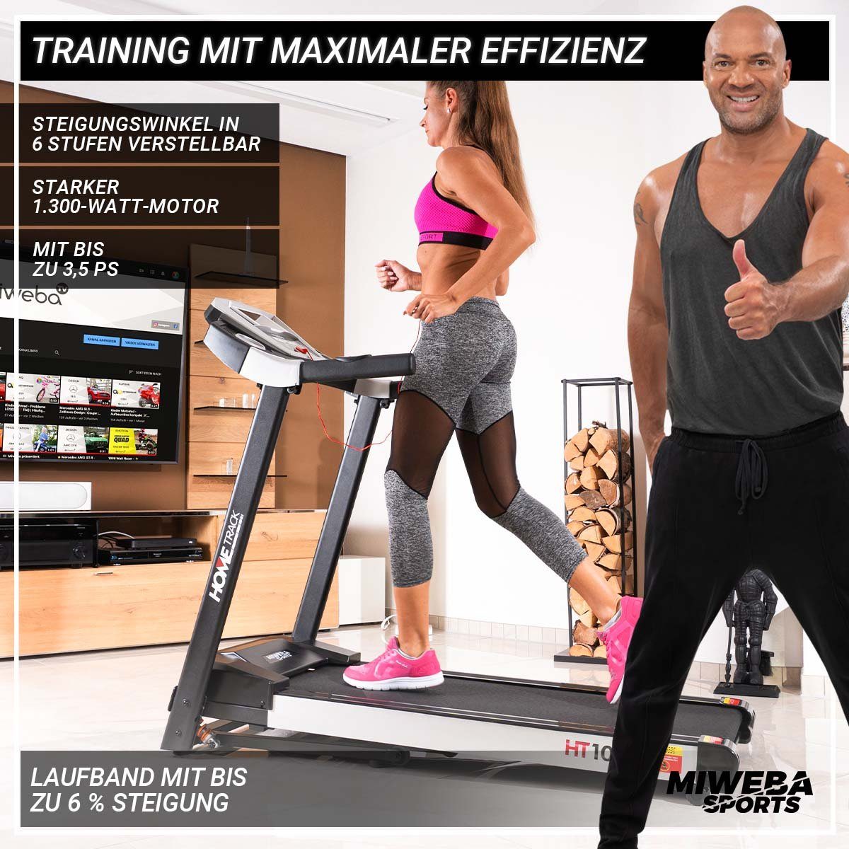 Miweba Sports Laufband Profi Sportgerät HT1000F - 16 km/h - 6% Steigung - klappbar (Treadmill, Trainingsgerät, Fitnessgerät, Heimtrainer, Speedrunner, Fitness, Workout, 1-tlg., 120 kg Traglast, 12 Laufprogramme, 4 Quick-Speed Programme, Steigungsvers
