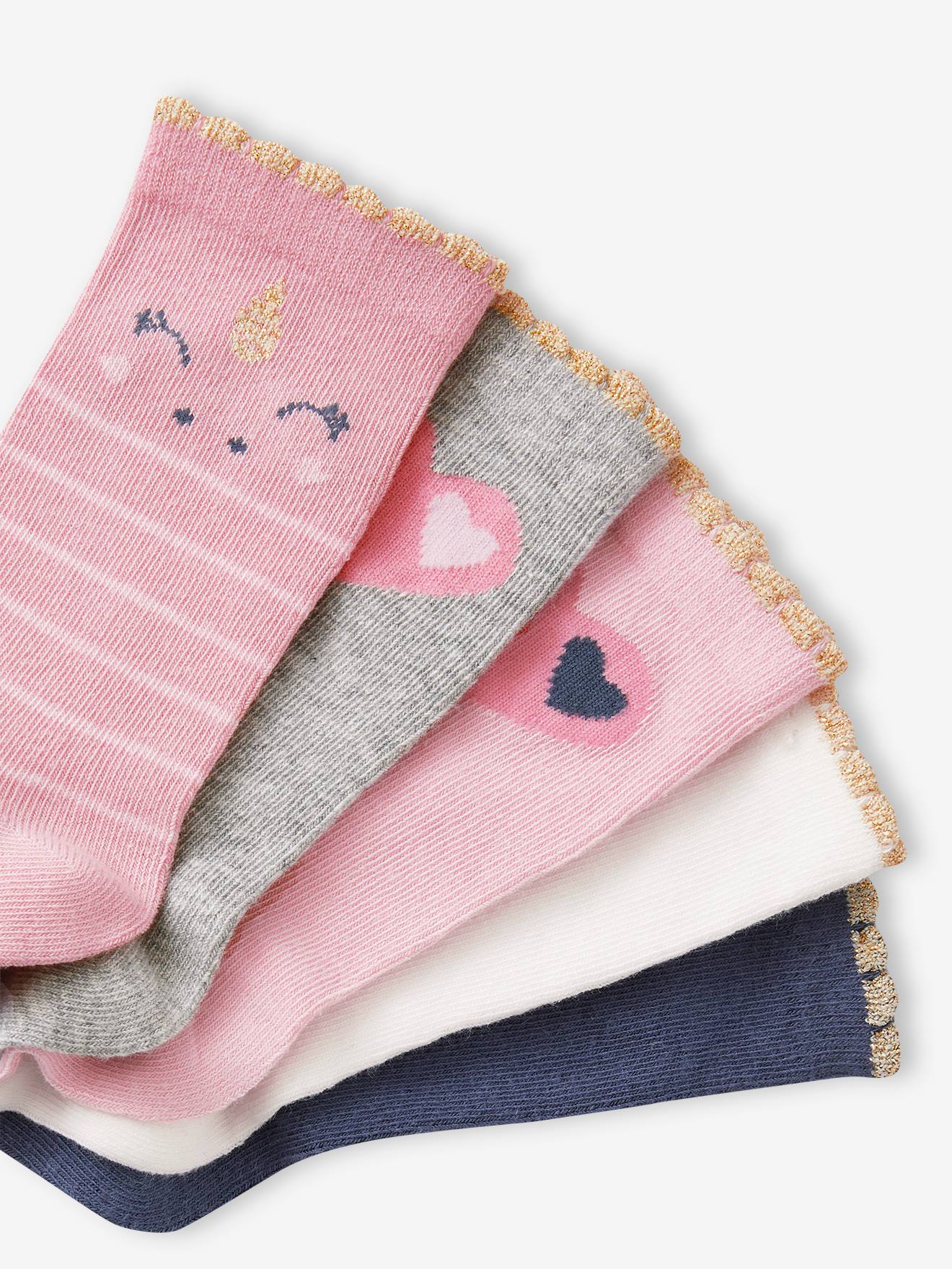 Lot de 5 paires de chaussettes licornes et coeurs fille rose