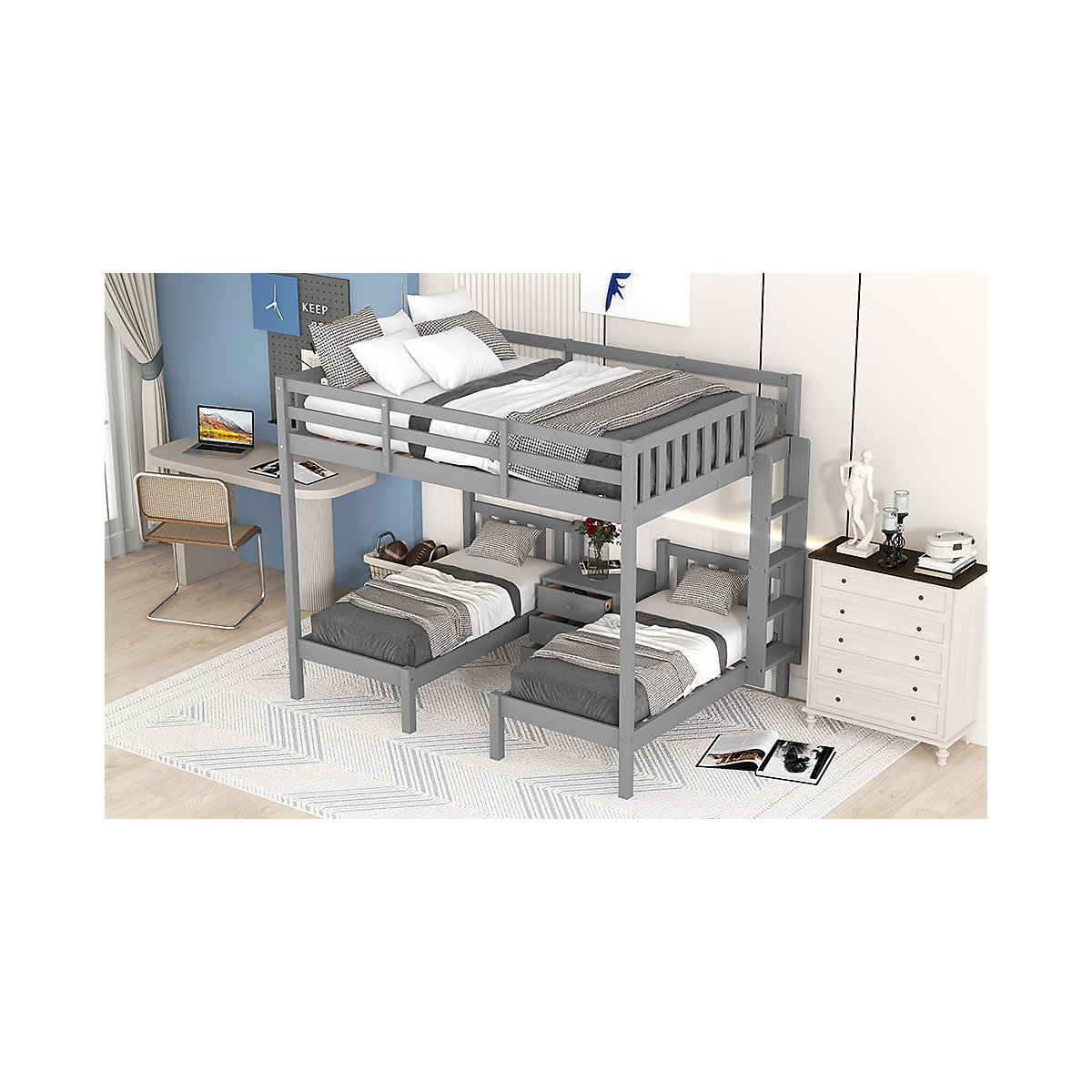 Etagenbett 90x200 Kinderhochbett mit Nachttisch, Dreibett, Massivholz, mit Schrank
