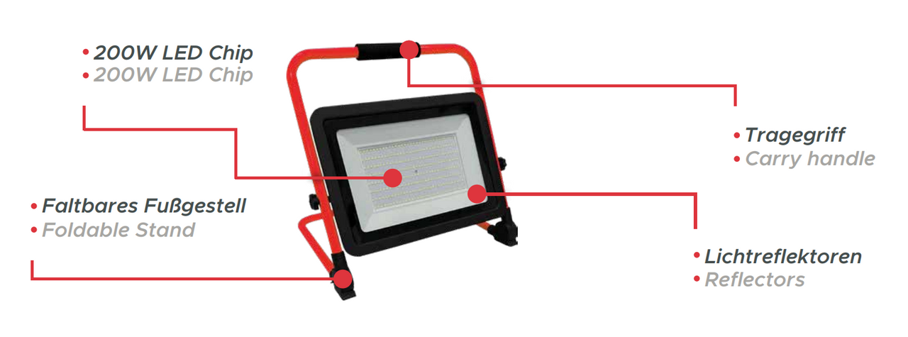 BOXTEC LED Arbeitsleuchte, Baustrahler, verstellbar, faltbar, 200W, 16000lm, 6500K, IP65, 3m Gummikabel