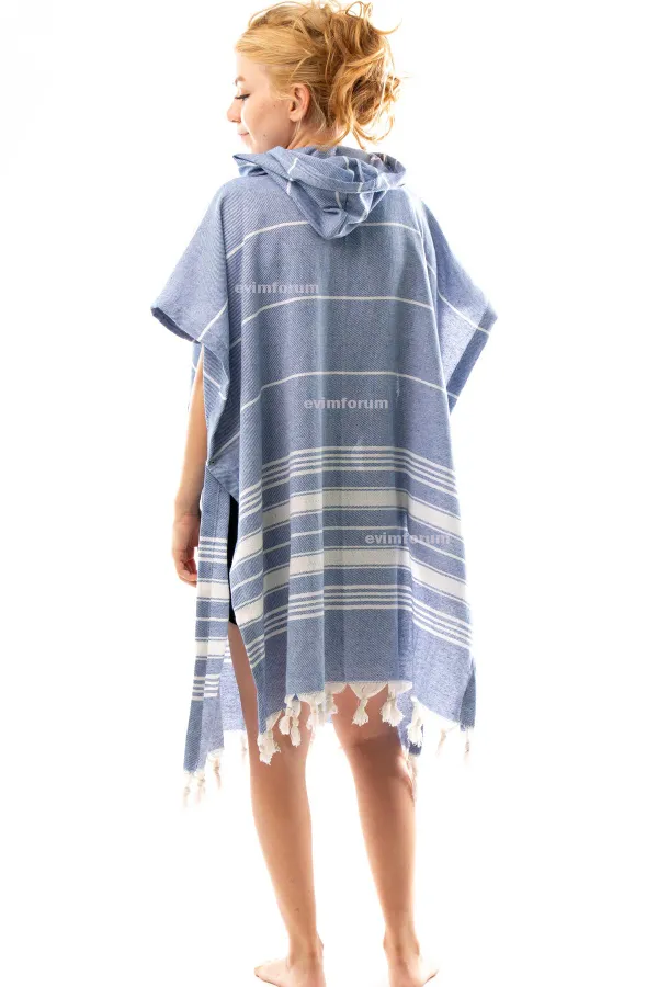 Formeya  Baumwolle Erwachsene Pestemal Poncho Bademantel Strandtuch Blau