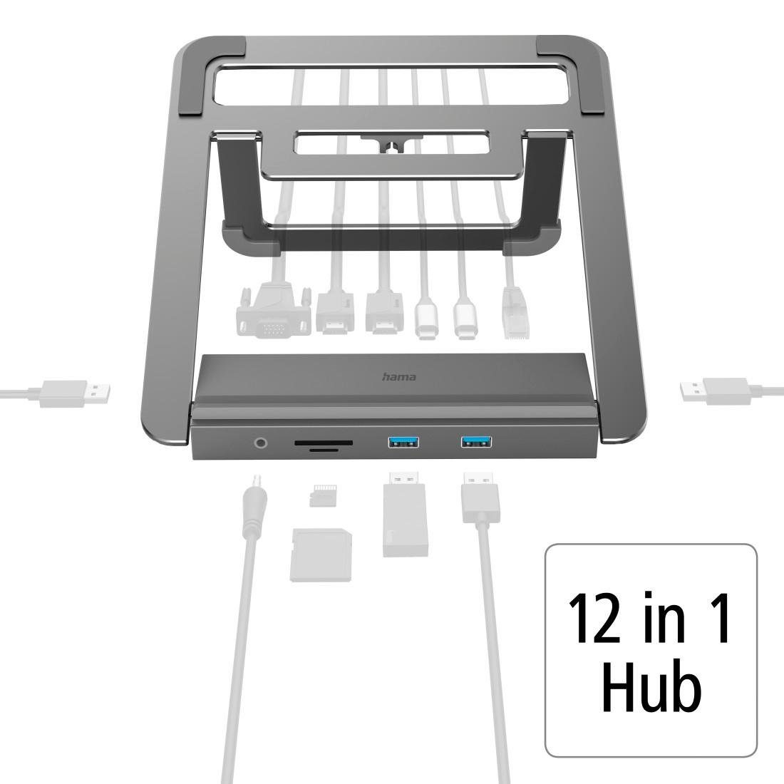 Hama 12in1-USB-C-Docking-Station mit Notebook-Stand USB-C Multiport-Adapter USB-Adapter, 40 cm