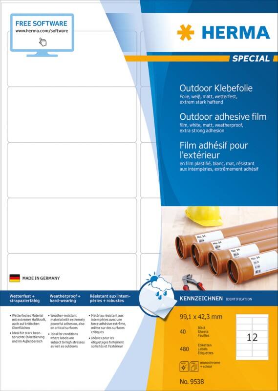 HERMA Wassserfeste Etiketten 9538 Weiß DIN A4 99,1 x 42,3 mm 40 Blatt à 12 Etiketten
