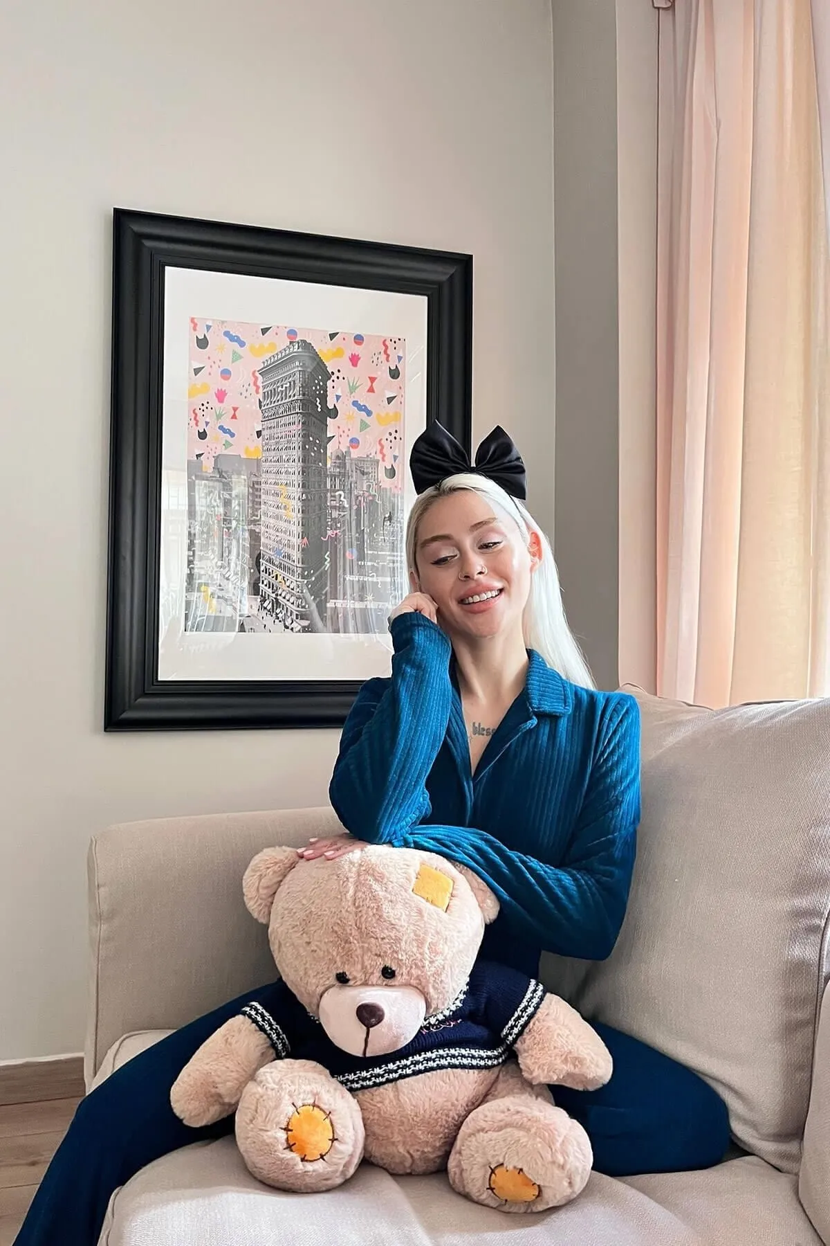 Pijamaevi  Petrolgrünes, einfarbiges Pyjama-Set aus Plüsch-Fleece mit Knöpfen vorne