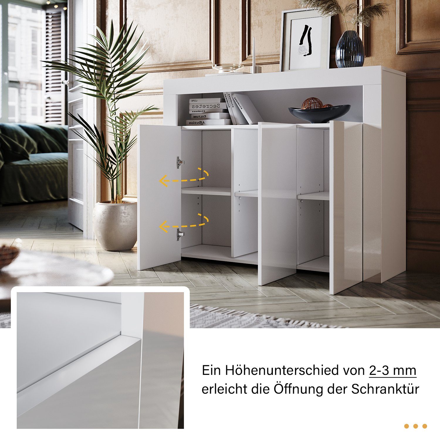 SONNI Highboard Sideboard weiß Hochglanz mit LED Beleuchtung 116x93x35cm, mit flexible Einlegeböden, Kommode, Highboards, Standschrank