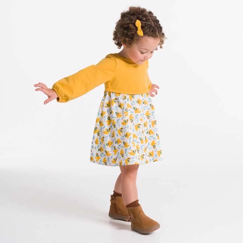Robe bi-matière imprimée oiseaux jaune bébé fille