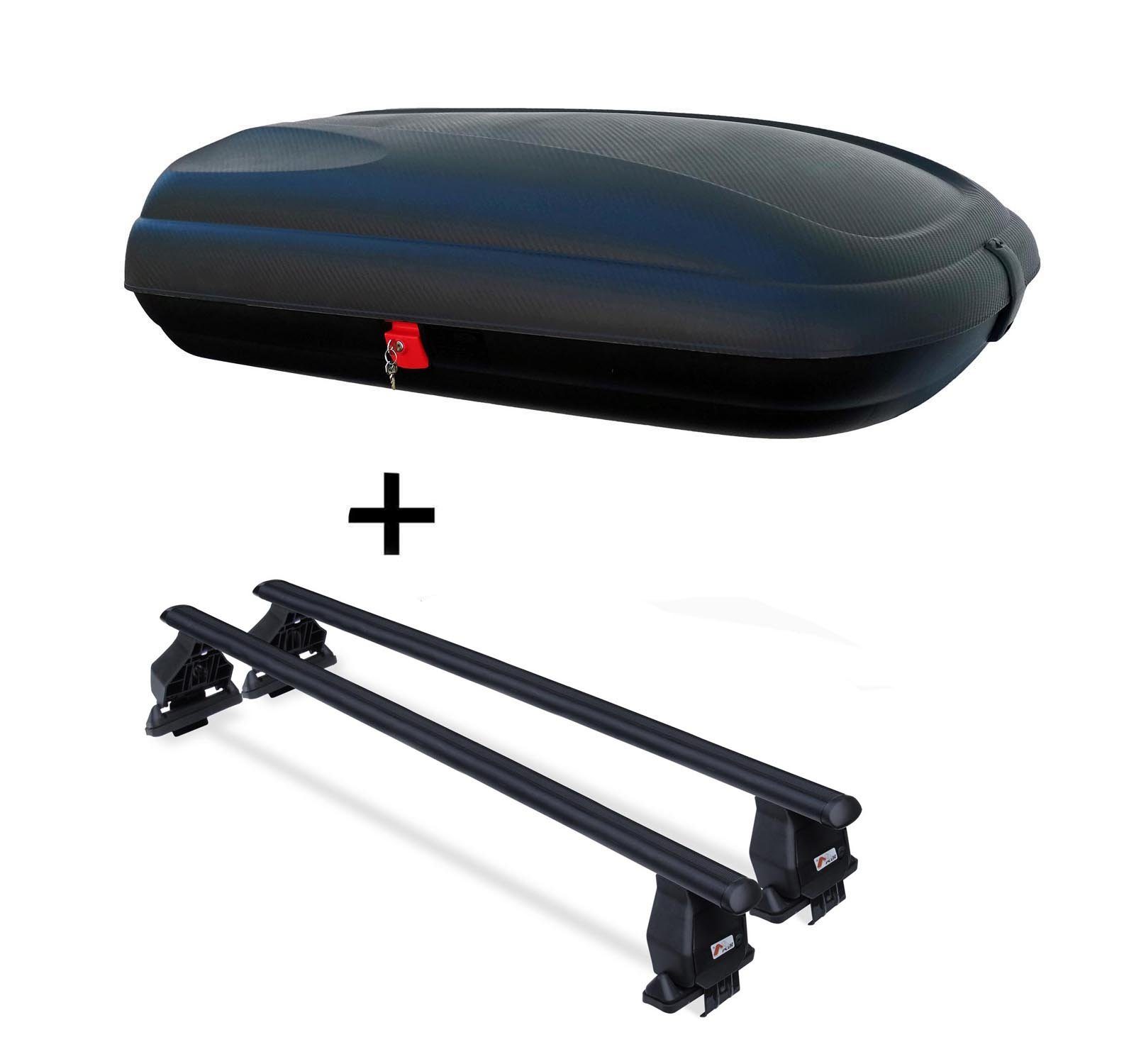 VDP Dachbox, (für Skoda Fabia 2007-2014), Dachbox VDPBA320 320 Ltr Carbonlook abschließbar + Dachträger Menabo Tema kompatibel mit Skoda Fabia 2007-2014 Stahl