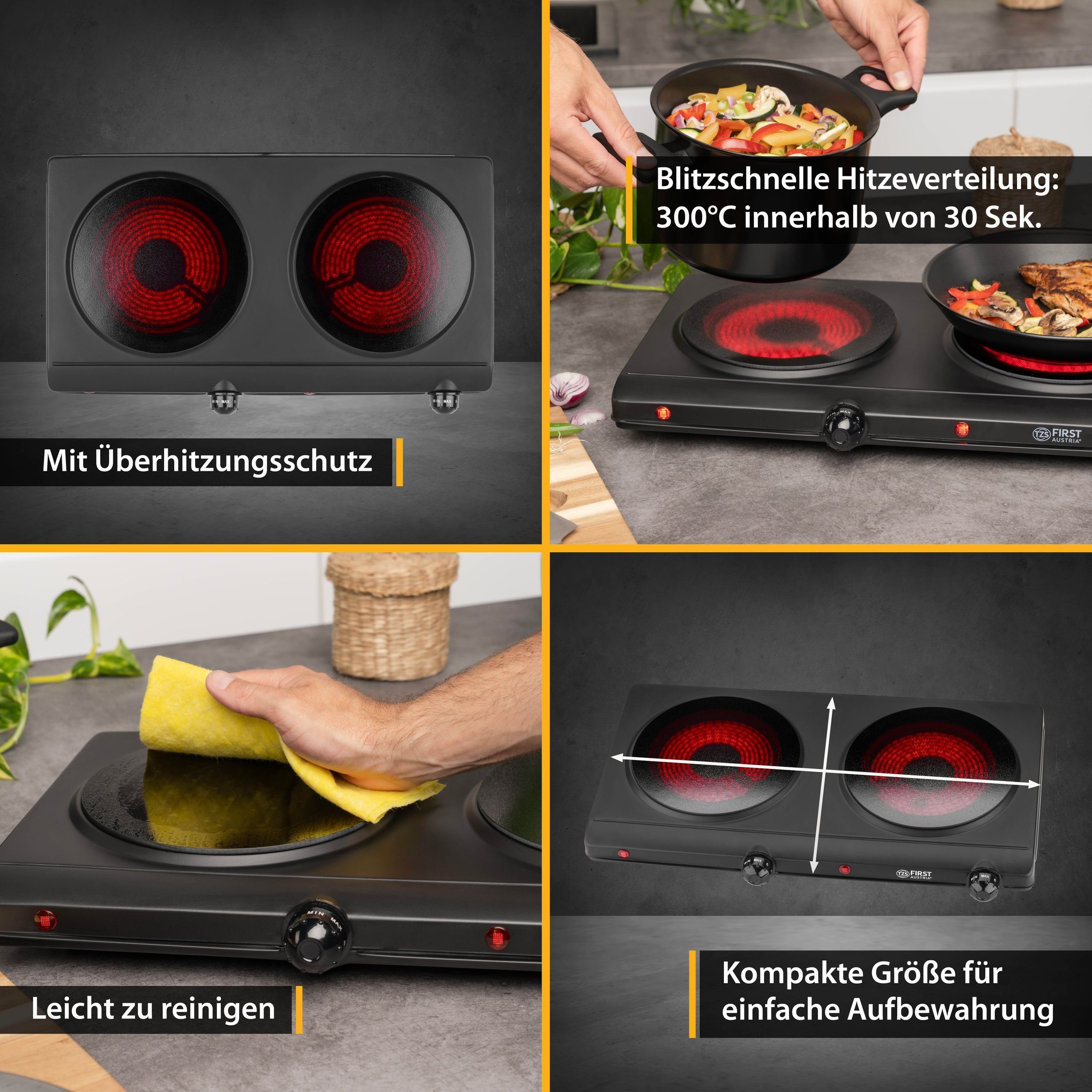 TZS FIRST AUSTRIA Doppelkochplatte Infrarot Kochplatte, 2500W, Keramik, stufenlose Temperaturregelung, Kochfeld Schwarz, Herdplatte für Camping