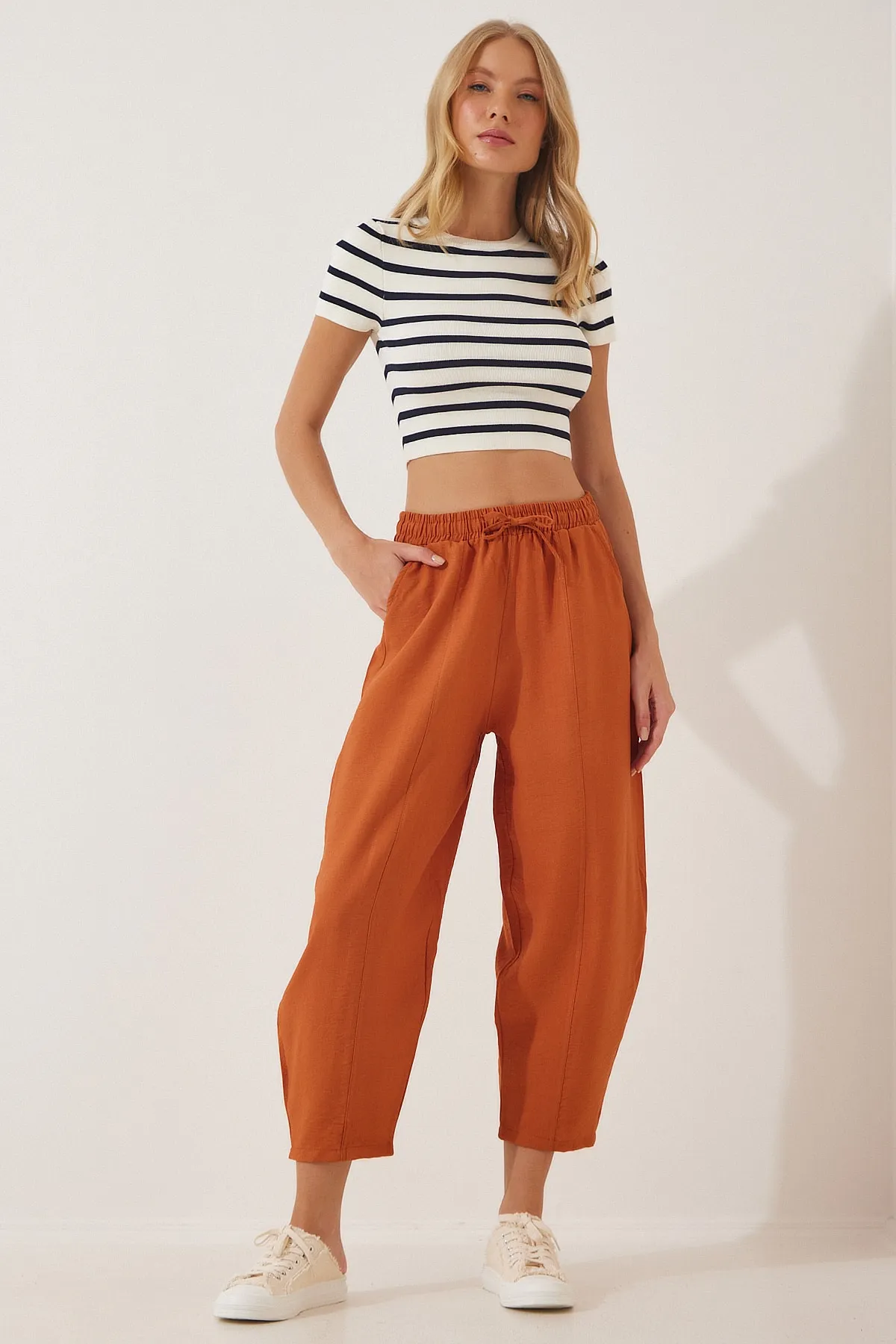 Happiness İstanbul  Damen-Hose „Ayrobin Shalwar“ aus gefliestem Leinen CI00035