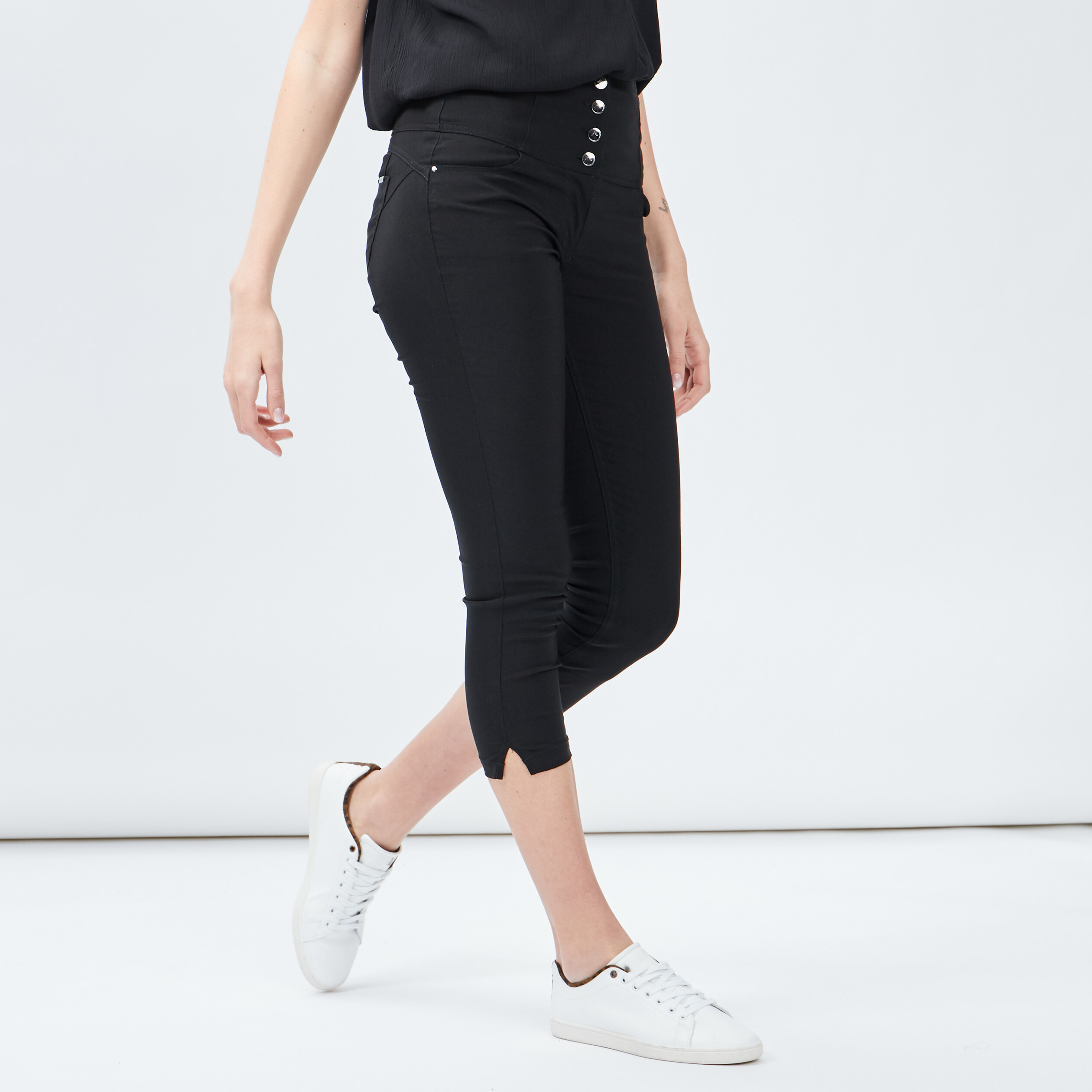 Pantacourt slim taille haute noir femme | La Halle