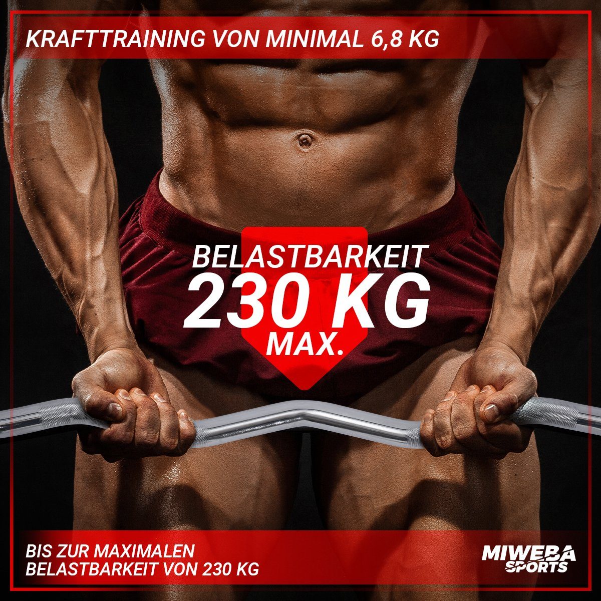 Miweba Sports SZ-Curlstange Profi SZ-Stange CS100 inkl. Sternverschlüsse, Stahl, 120,00 cm (30mm, 120.0 x 6.7 x 6.7 cm, 230 kg max. Belastung, Stahl, geriffelt, gelenkschonend, Anti-Rutsch, Curlstange, SZ Hantelstange, Workout, Training, Ganzkörpertr