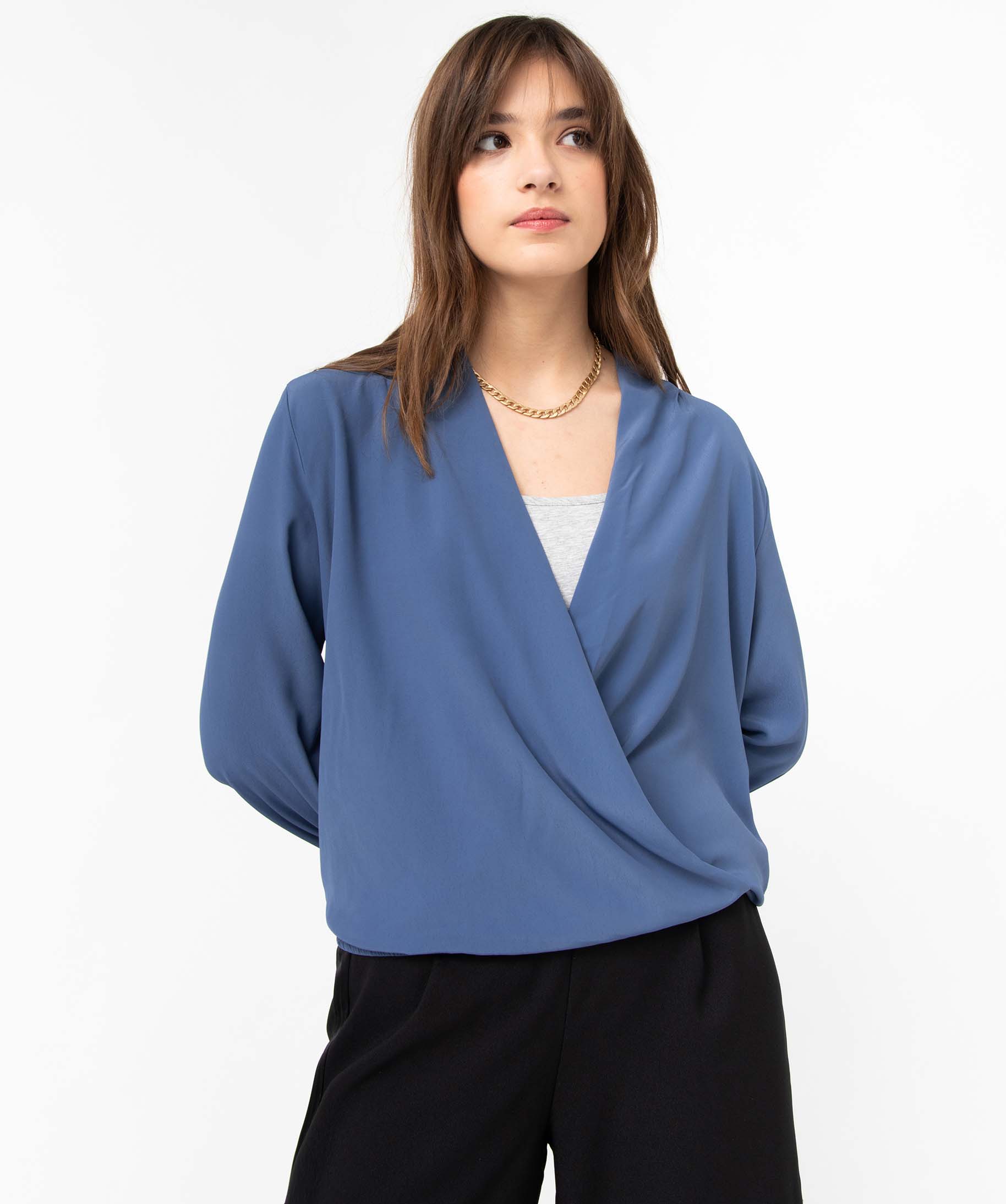 Blouse femme coupe cache-coeur effet drapé bleu | GEMO