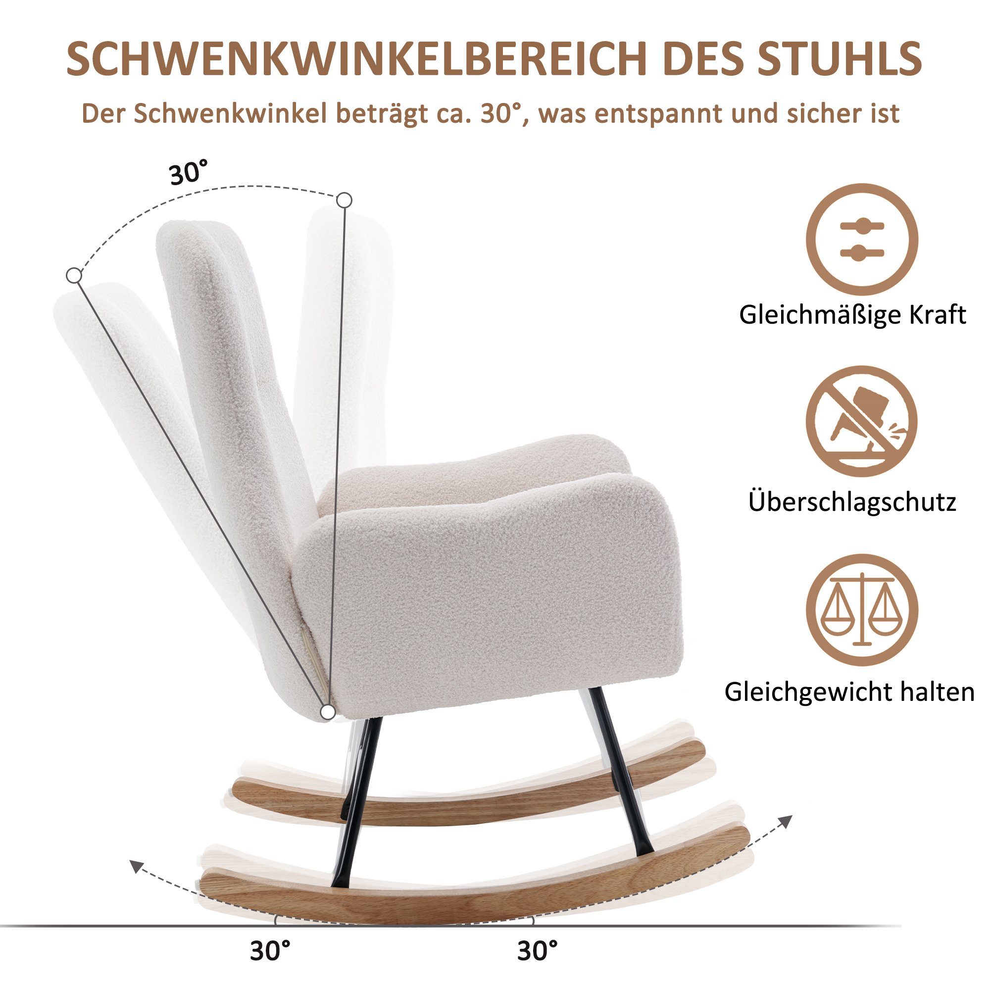 Merax Schaukelstuhl, mit Teddyplüsch und Massivholz Sockel, Relaxsessel mit Seitentasche