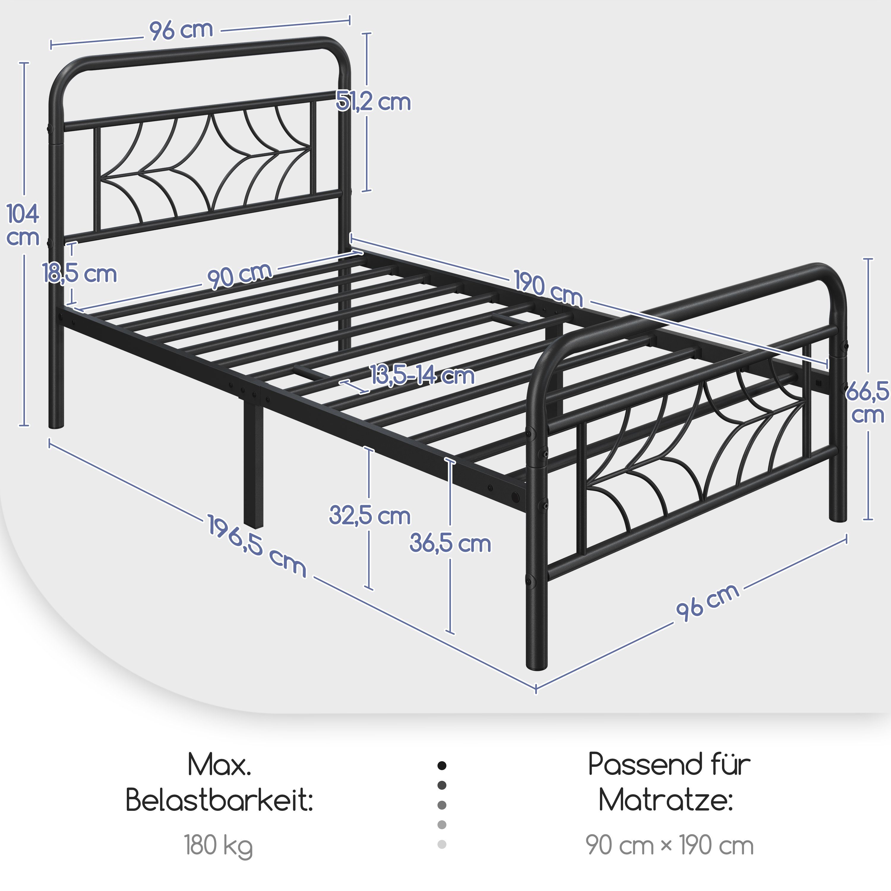 Yaheetech Metallbett, Bettgestell mit Kopfteil & Fußteil, Einzelbett/ Doppelbett Jugendbett