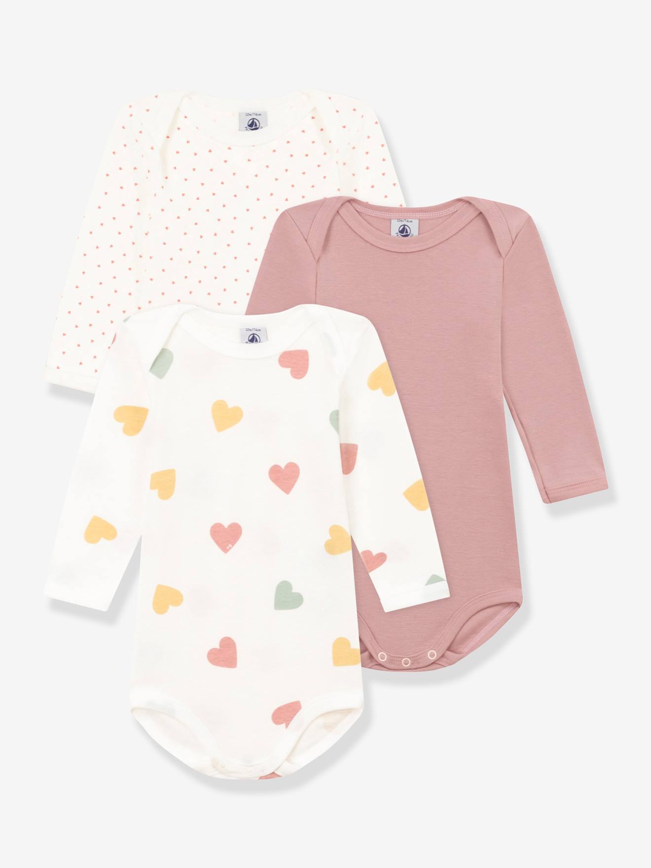 Lot de 3 bodies manches longues coeurs bébé en coton PETIT BATEAU blanc imprimé