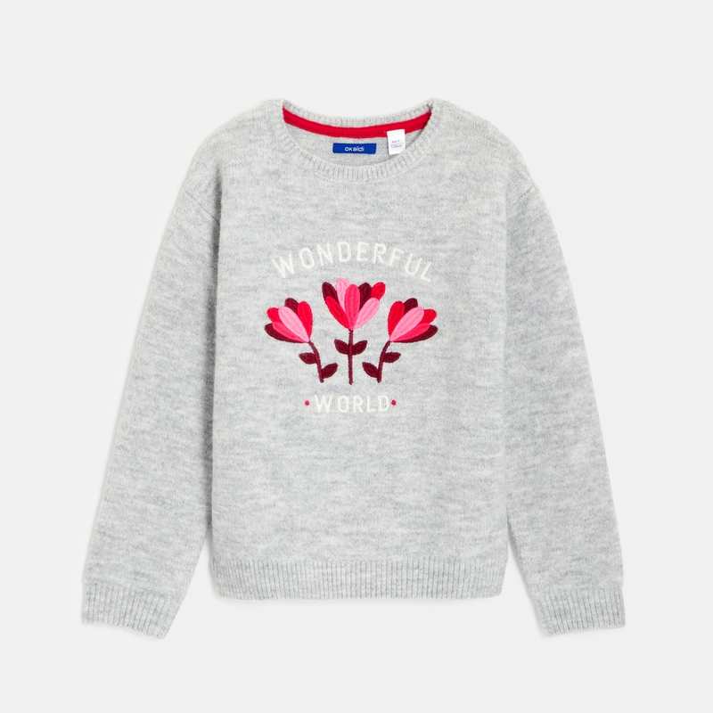 Pull brodé de fleurs gris fille