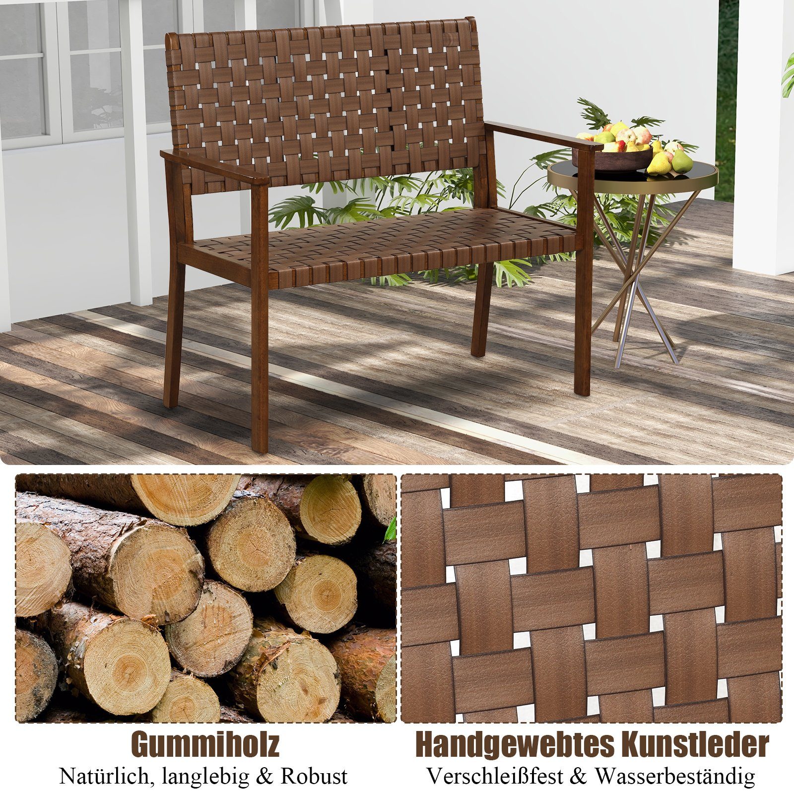 COSTWAY Gartenbank, wetterfest Holz, mit Rückenlehne & Armlehne, 200kg, 108cm