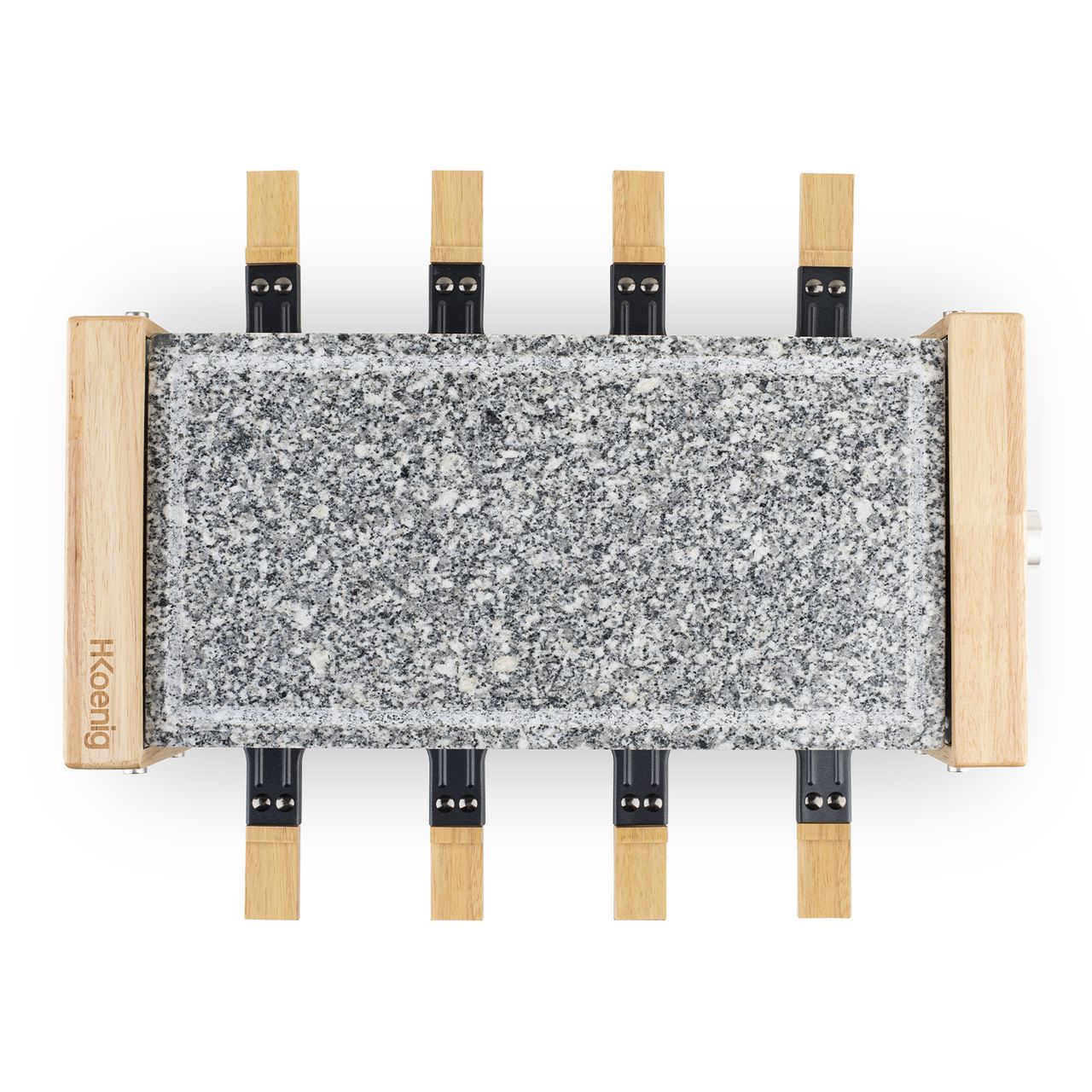 H.Koenig Multifunktionales Raclettegerät 8 Personen WOD12 Naturholzdesign, Herausnehmbarer Granitstein, Professionelles Raclette, 8 antihaftbeschichtete Pfännchen, 8 Holzspatel