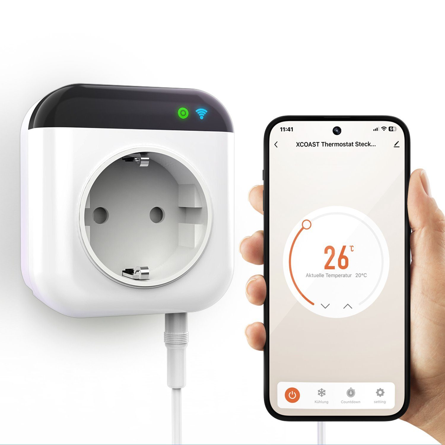 XCOAST Steckdosen-Thermostat Smartes WiFi Energiesparthermostat, Schukostecker Thermostat, max. 3450,00 W, Kein Hub nötig, Steuerung über Smart Life App, 1-St., Temperatursensor, Programmierbar, Alexa Sprachsteuerung, Fernbedienung, Zieltemperatur, Z