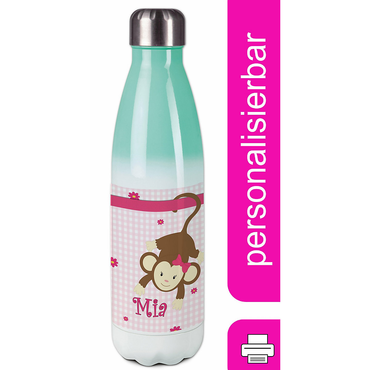 Edelstahl Kinder Thermoflasche / Trinkflasche bunt Affe hängend Farbe rosa Spülmaschinenfest, Auslaufsicher, Bruchfest, Doppelwandig, Für Heißgetränke geeignet, Mit Deckel, Isoliert