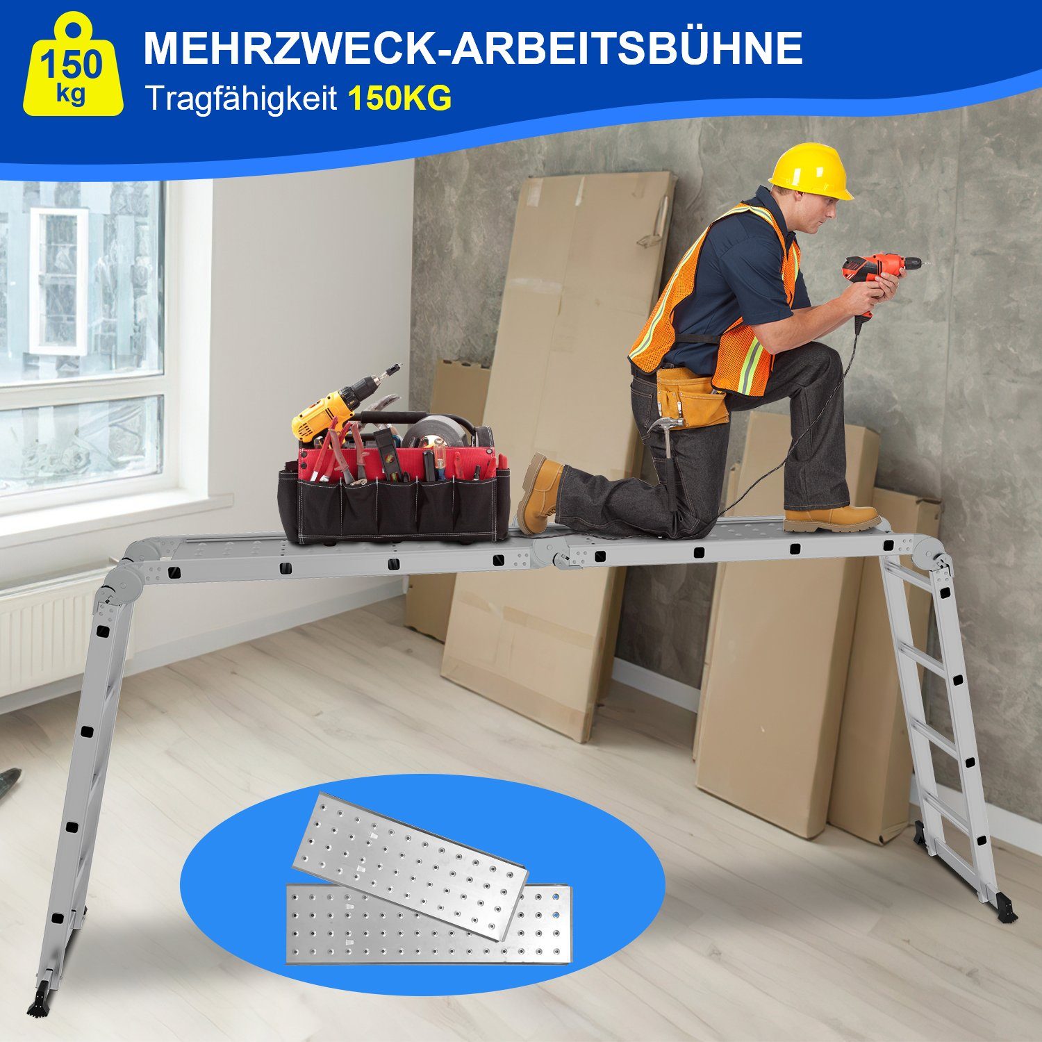 Yakimz Teleskopleiter Vielzweckleiter 6 in 1 Multifunktionsleiter Gerüst,4x4 4.7M bis 150kg