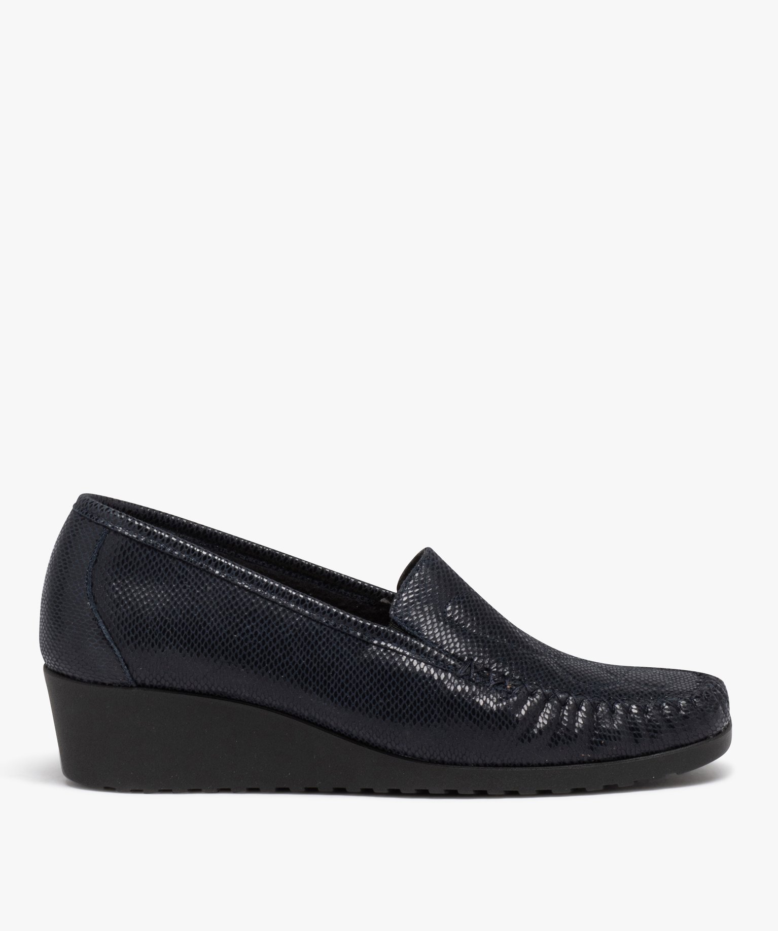 Mocassin confort dessus cuir et semelle compensée femme marine | GEMO