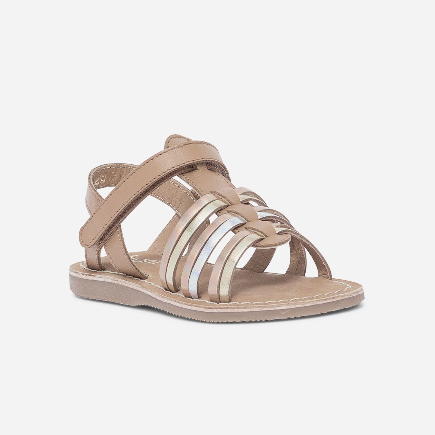 Sandale camel en cuir à brides cuivrée, argent et or