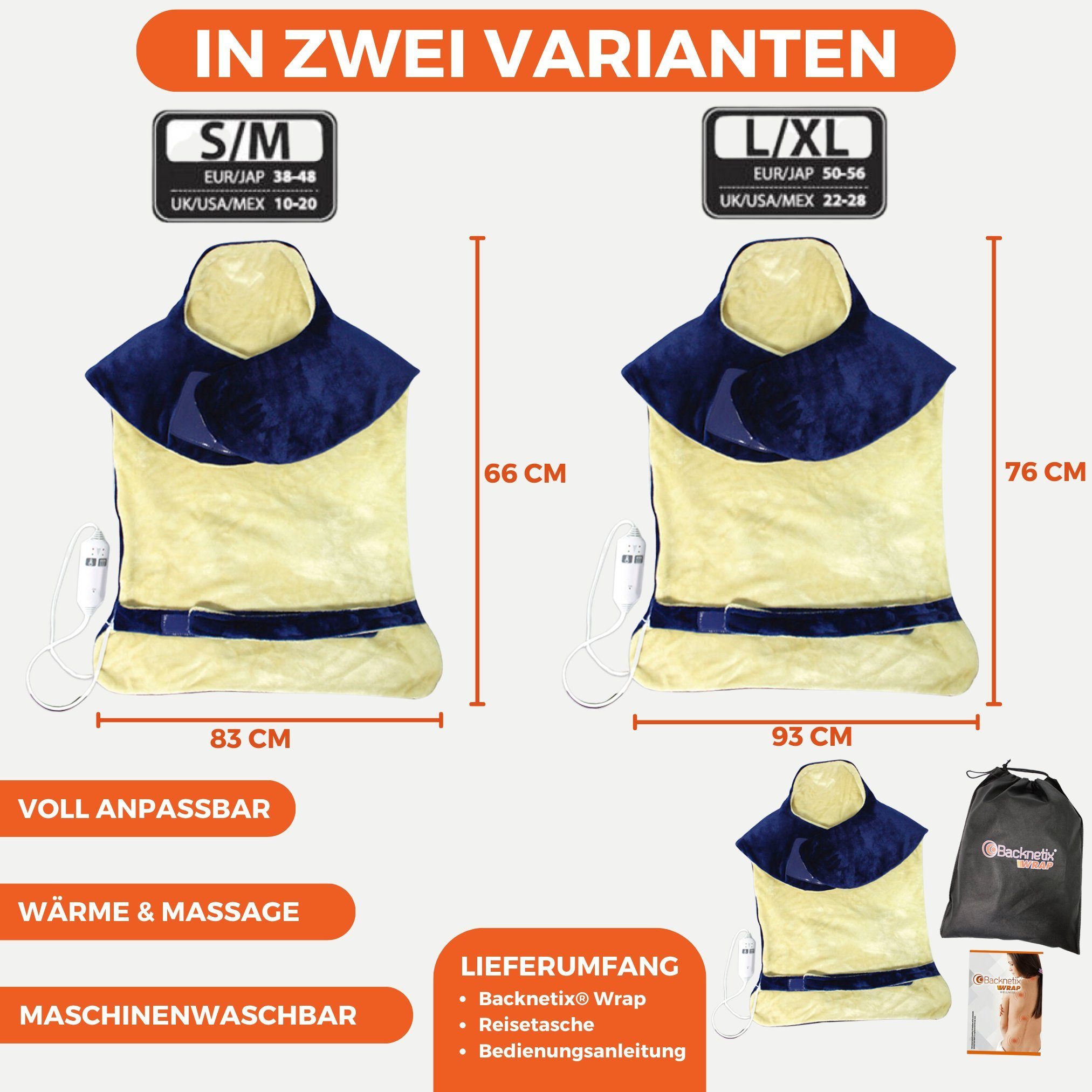 Best Direct® Heizkissen Backnetix® Wrap, In 2 Varianten, S-M: 38-48 / L-XL: 50-56, Nacken - und Rückenkissen, mit Massagefunktion, inkl. Reisetasche