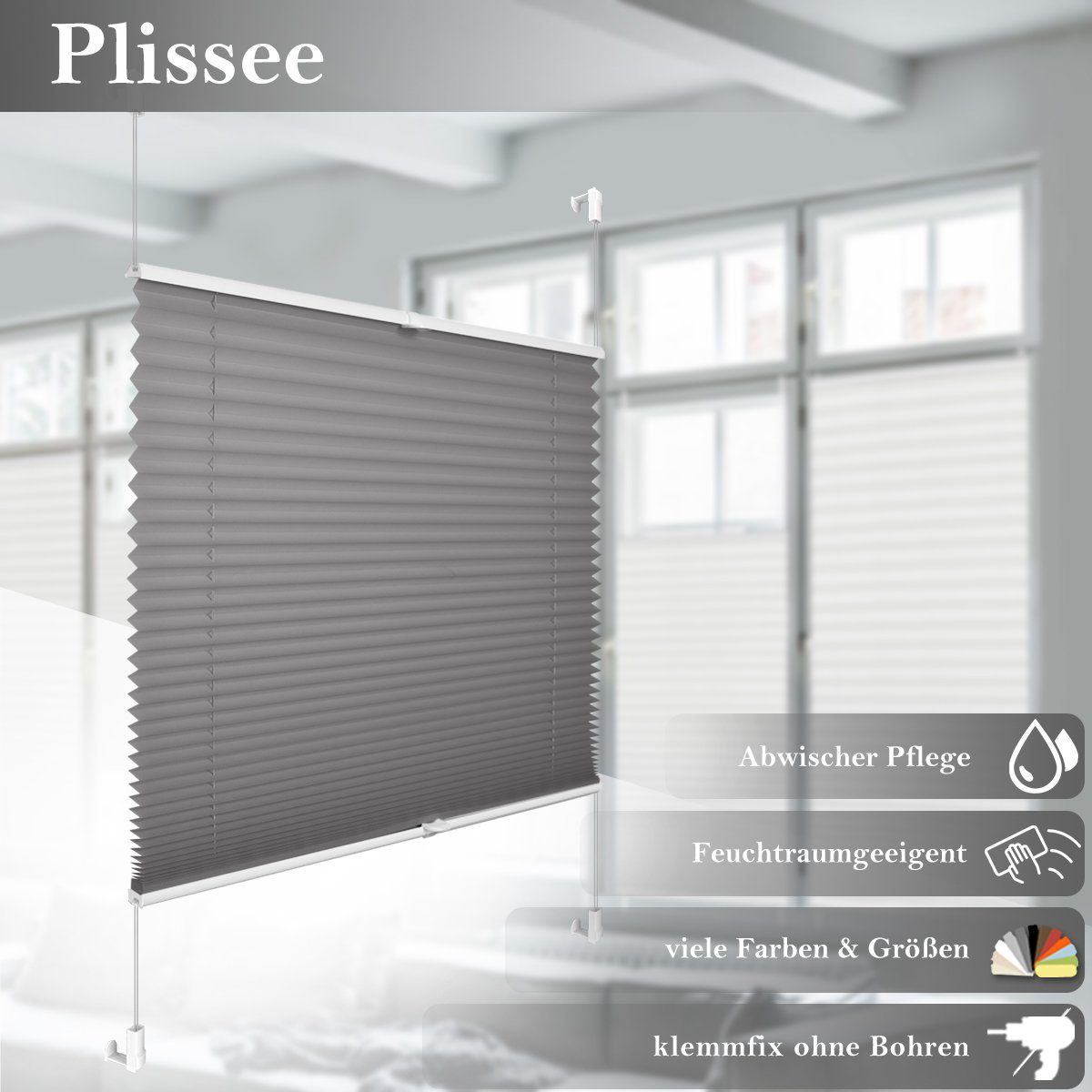 Plissee ohne Bohren Klemmfix, Sichtschutz und Sonnenschutz, OUBO, Lichtdurchlässig Rollo für Fenster & Tür, Klemmfix, mitgelieferten, verstellbaren Klemmträger