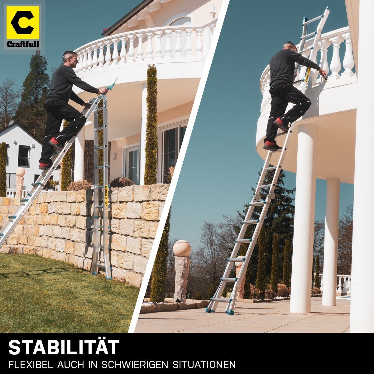 Craftfull Teleskopleiter 4in1 Treppenleiter CF-105A - 3 Jahre Garantie - 2,9-6,25 m - Aluminium (150 kg Traglast - Mehrzweckleiter Alu Stehleiter bis 150 kg - Anlegeleiter - Trittleiter - Wandleiter - Arbeitsbühne - Haushaltsleiter - Ausziehleiter -