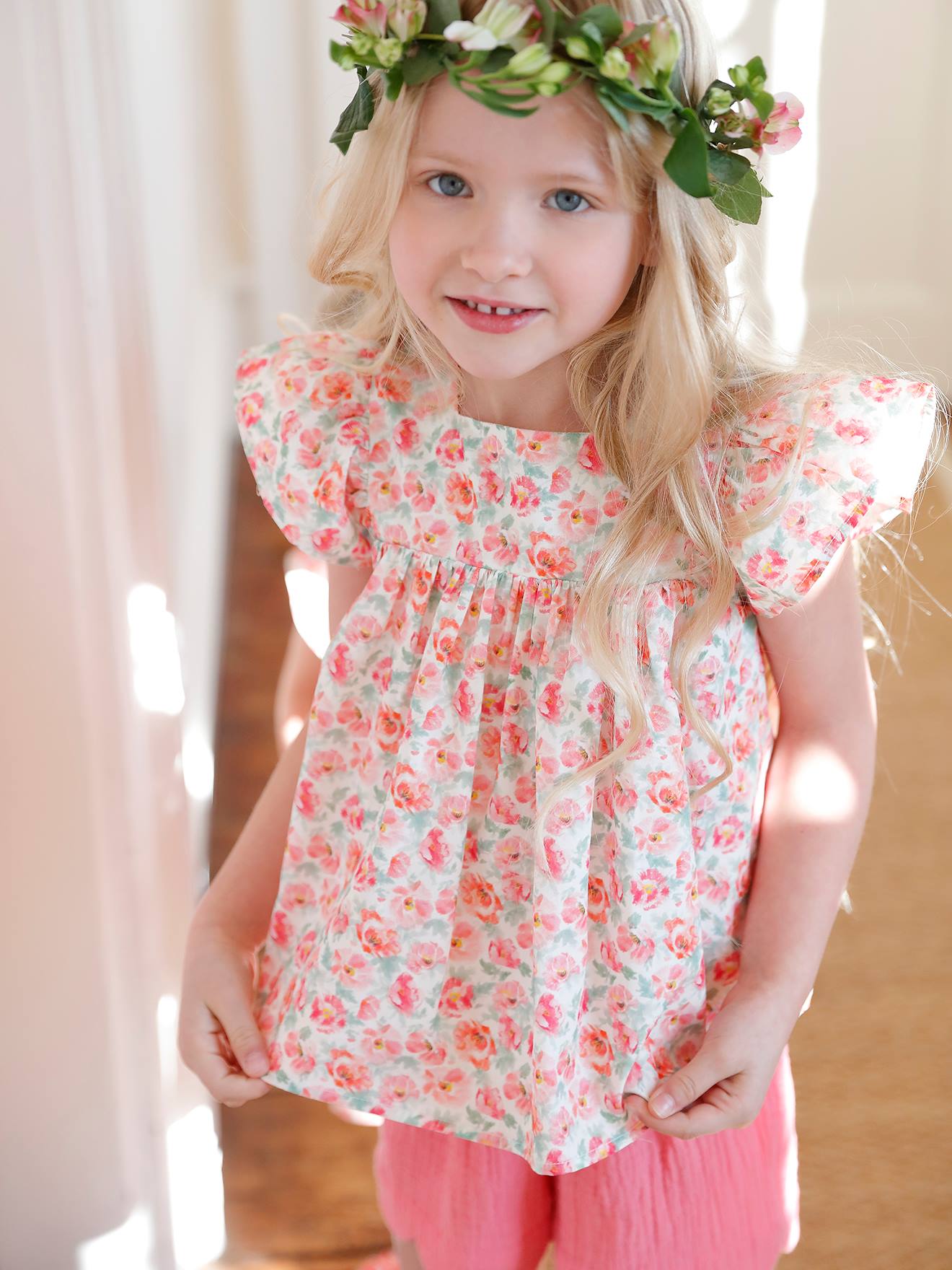 Blouse à fleurs manches volantées fille ivoire imprimé