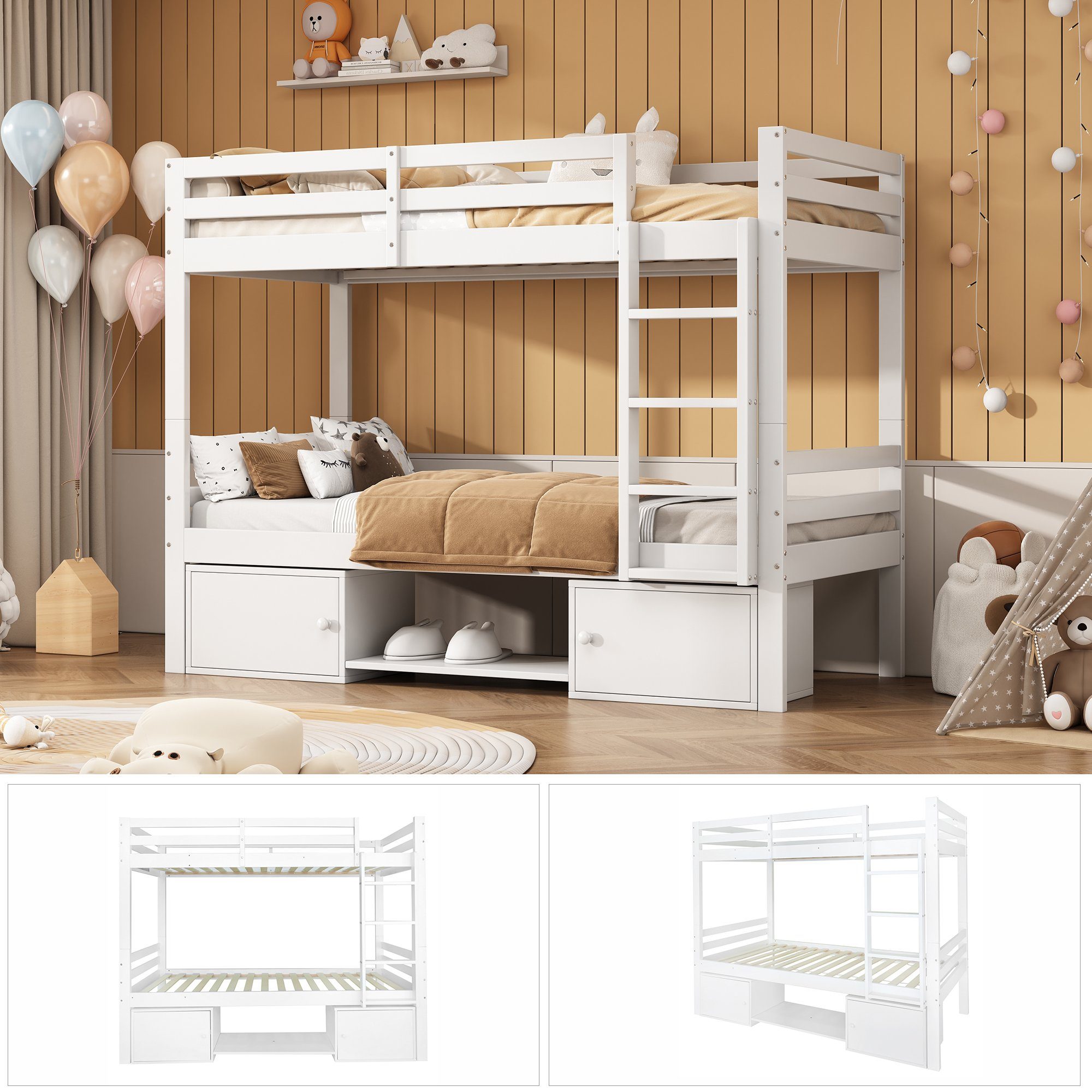 OKWISH Etagenbett Holzbett Tagesbett (Kinderbett mit Schuhregale und Schließfächer, Bett aufgeteilt in 2 Einzelbetten, Jugendbett, Einzelbett 90x200cm), ohne Matratze