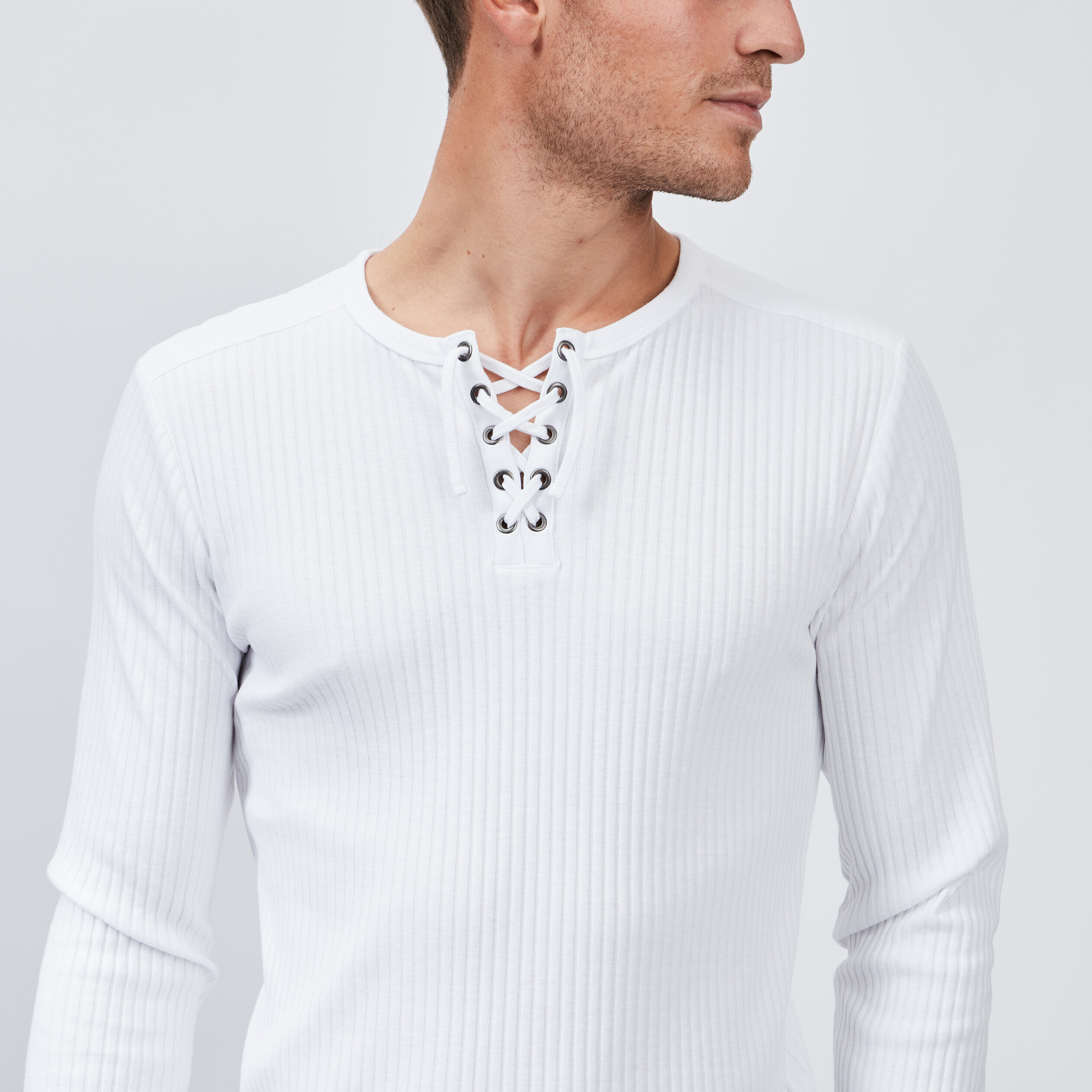 T-shirt ajusté manches longues côtelé blanc homme | La Halle