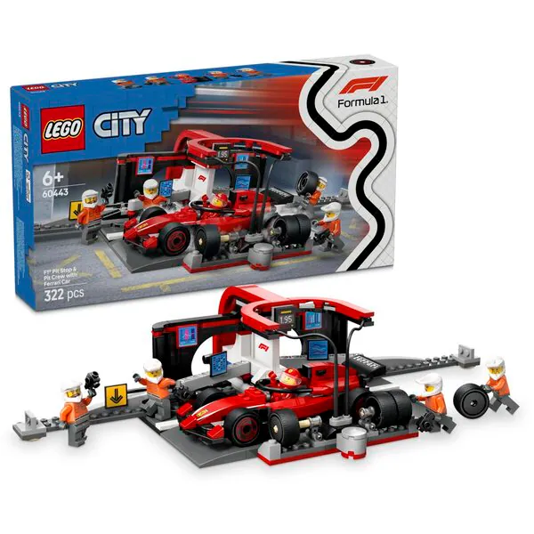 LEGO City 60443 F1 Pittkiállás és boxkiállás személyzete Ferrari autóval