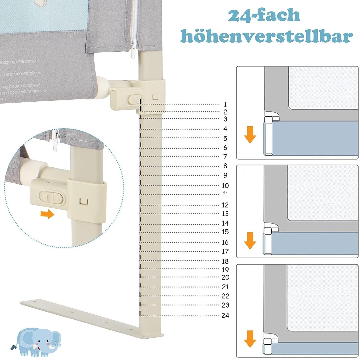 KOMFOTTEU Bettschutzgitter Babybettgitter, mit Doppelschloss, höhenverstellbar
