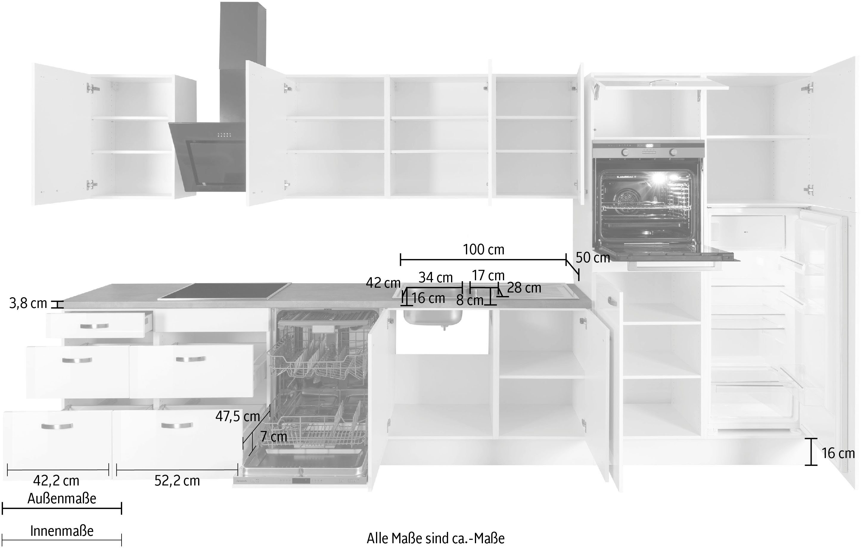OPTIFIT Küchenzeile Cara, Breite 400 cm, mit HANSEATIC-E-Geräten, Induktions-Kochfeld, Soft-Close-Funktion