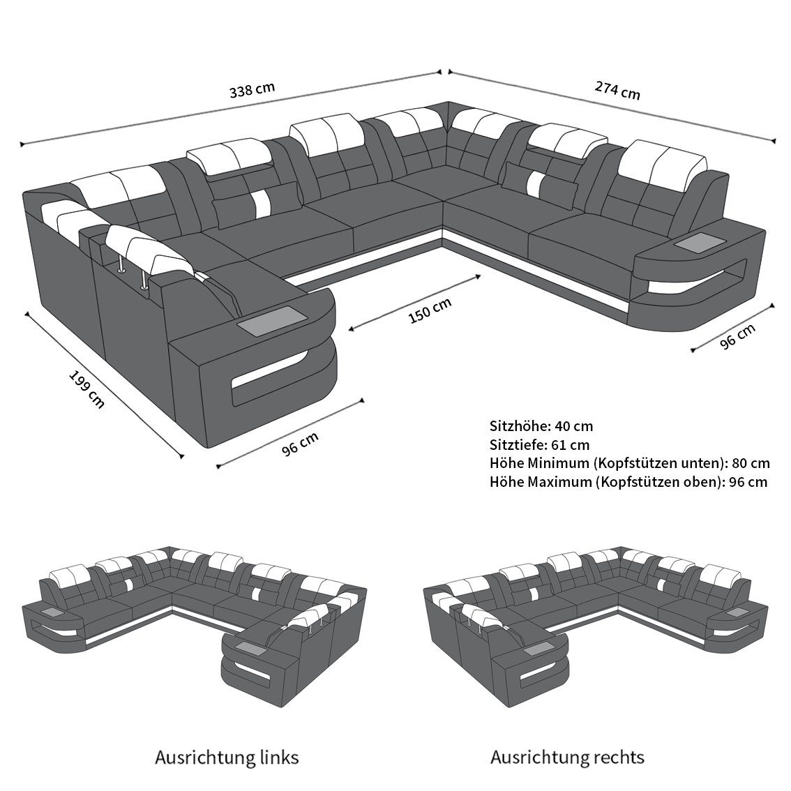Sofa Dreams Wohnlandschaft Leder Ledercouch Sofa Como U Form Ledersofa, Couch, mit LED, wahlweise mit Bettfunktion als Schlafsofa, Designersofa