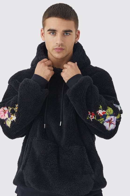 Oversize Borg-Hoodie mit Blumen-Stickerei