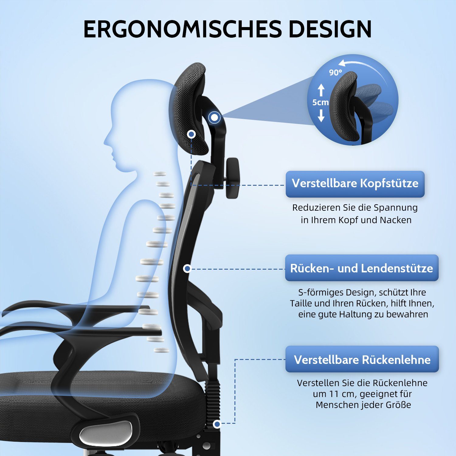 Authmic Bürostuhl Bürostuhl, Drehstuhl, Schreibtischstuhl, Chefsessel, (Bürostuhl ergonomisch mit verstellbarer Armlehnen, Lendenwirbelstutze, Atmungsaktiver Netzstuhl), Wippfunktion von 90° bis 135°, Bürostuhl 150kg