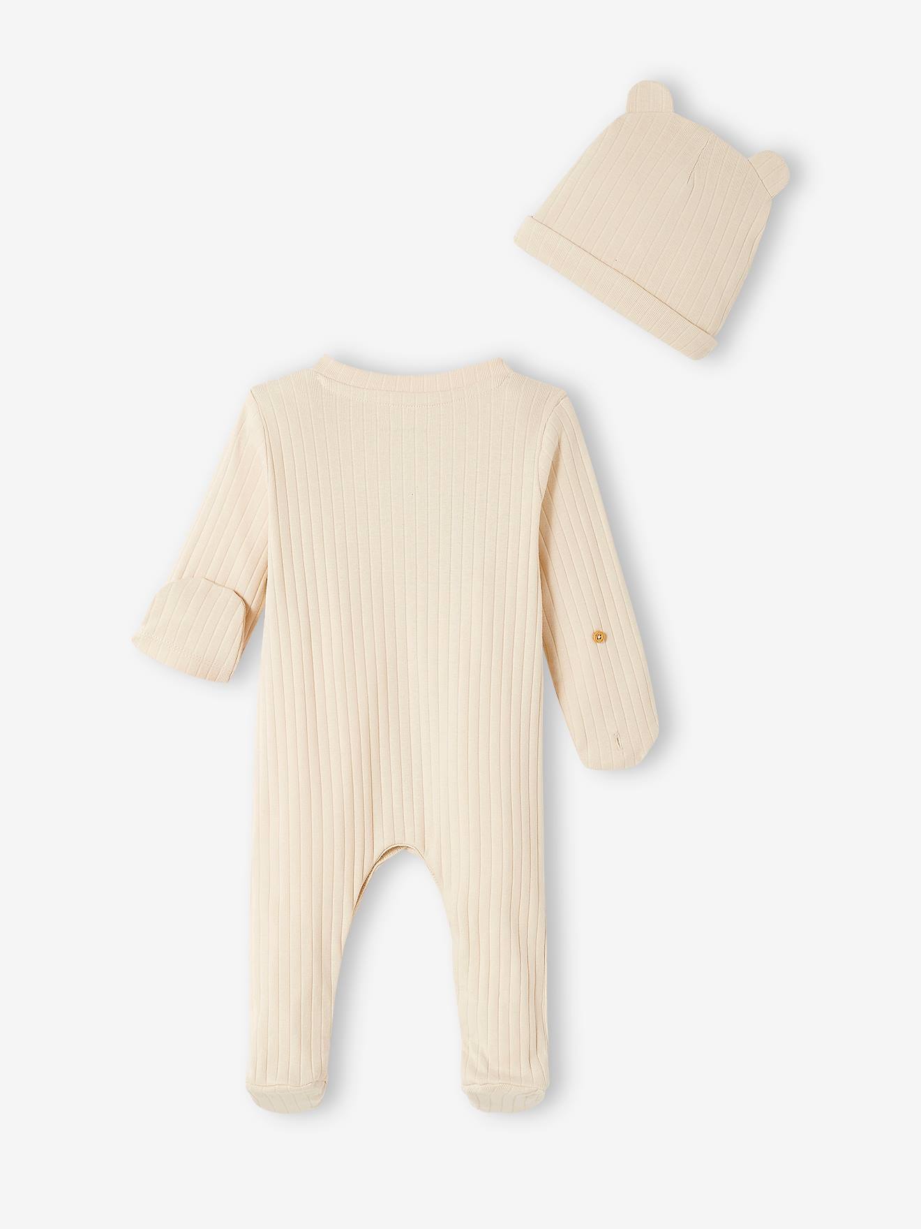 Vertbaudet Baby-Set: Overall & Mütze, Rippenjersey - sand