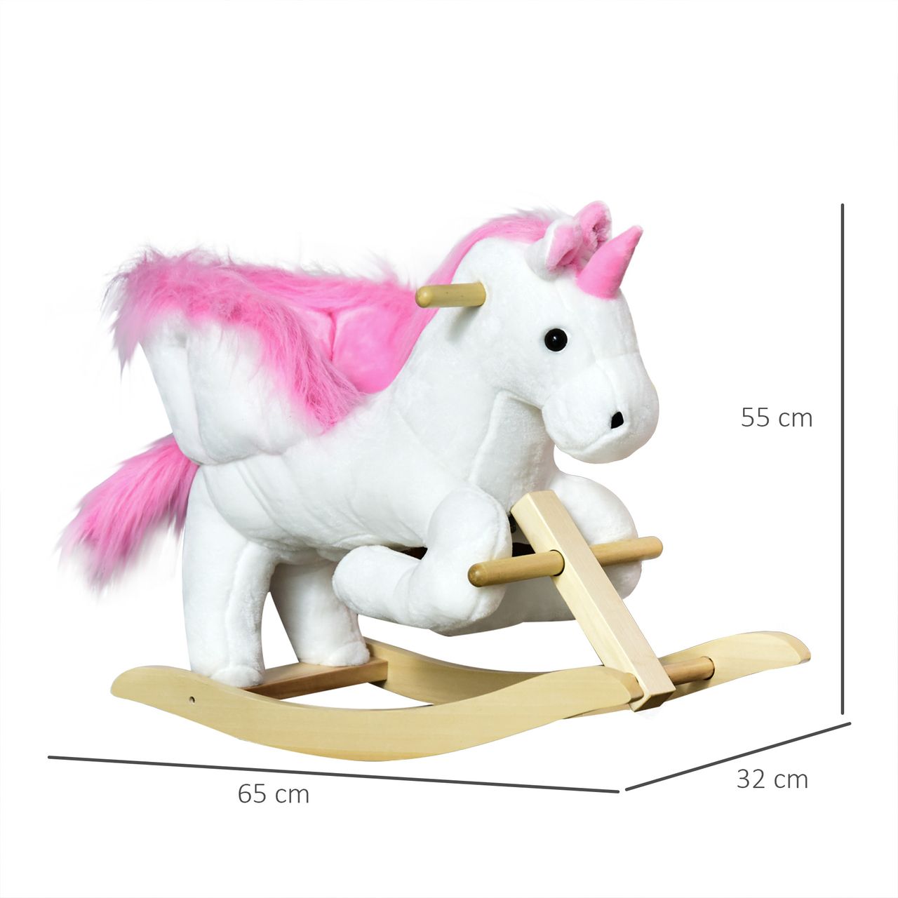 HOMCOM Schaukeltier Schaukelpferd Kinder Schaukel magisches Einhorn-Design mit Musik für Kinder für 18-36 Monate Baby Plüsch Holz Stahl Rosa Weiß 65 x 32 x 55 cm