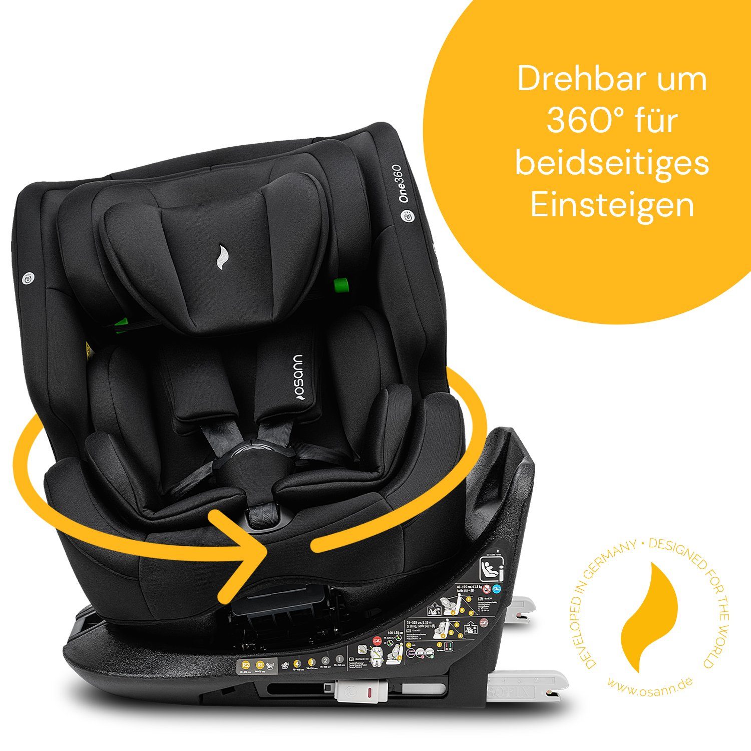 Osann Autokindersitz One360 i-Size, ab: Geburt, bis: 12 Jahre, drehbarer Reboarder mit Isofix und Top-Tether - 40-150 cm