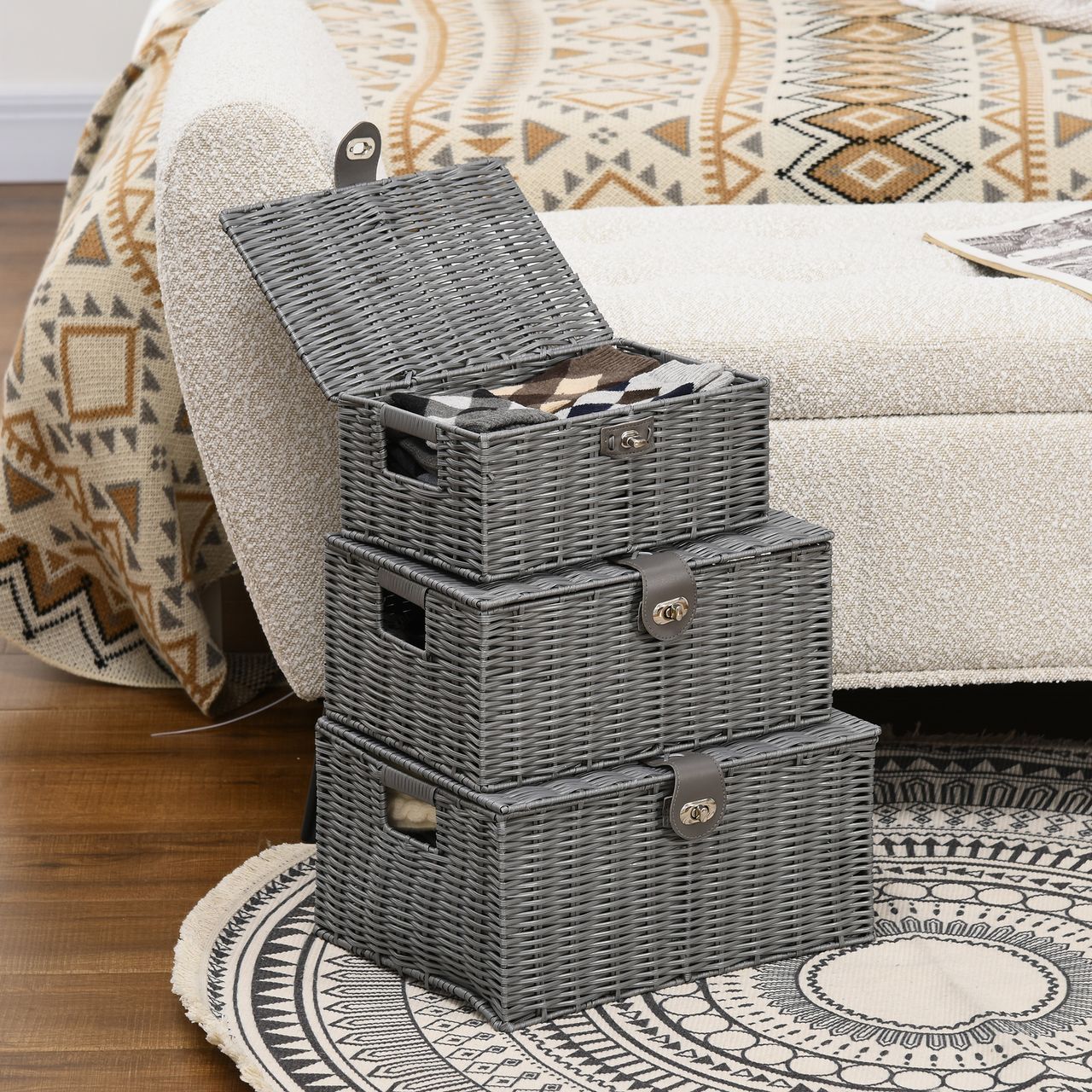 HOMCOM Rattan Aufbewahrungsboxen 3er-Set 18L, 12L, 7L Aufbewahrungskorb