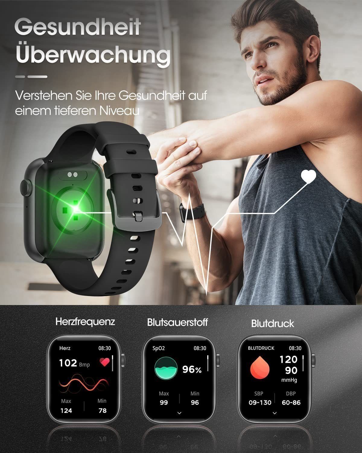 Yuede Smartwatch, Fitness Uhr mit Anruffunktion für Damen und Herren Smartwatch (9h Kratzfestes Voll Touch Display cm/1.8 Zoll) Armbanduhr mit Schrittzähler, Pulsuhr, Blutdruckmessung und Blutzuckermessung(Spo2), Ip67 Wasserdichte Sportuhr mit 120 Tr