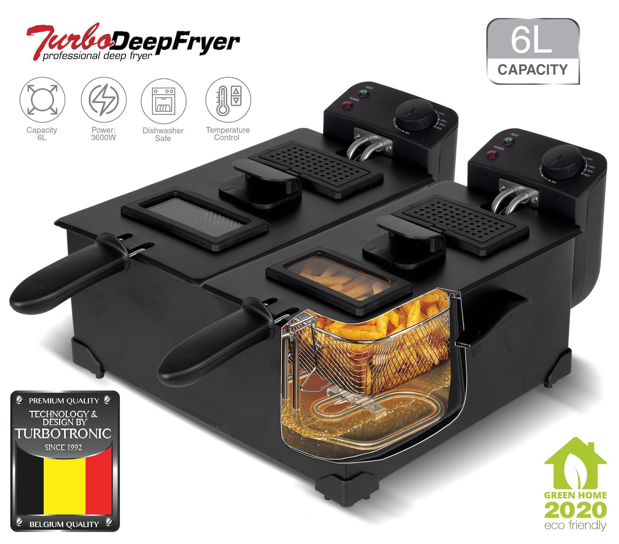 TurboTronic by Z-Line Kaltzonenfritteuse mit herausnehmbaren Öl-Behälter (spülmaschinenfest), 0-190°C, 2x 3L, 3600 W, schwarz/Edelstahl, Doppel Fritteuse